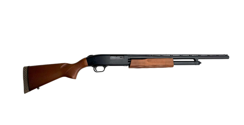 Mossberg 500 Bantam 20 Gauge pump-action shotgun with wood stock and barrel, shown in a close-up shot.