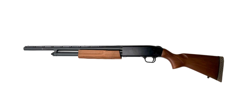 Mossberg 500 Bantam 20 Gauge pump action shotgun with wood stock and barrel, ready for hunting or home defense.