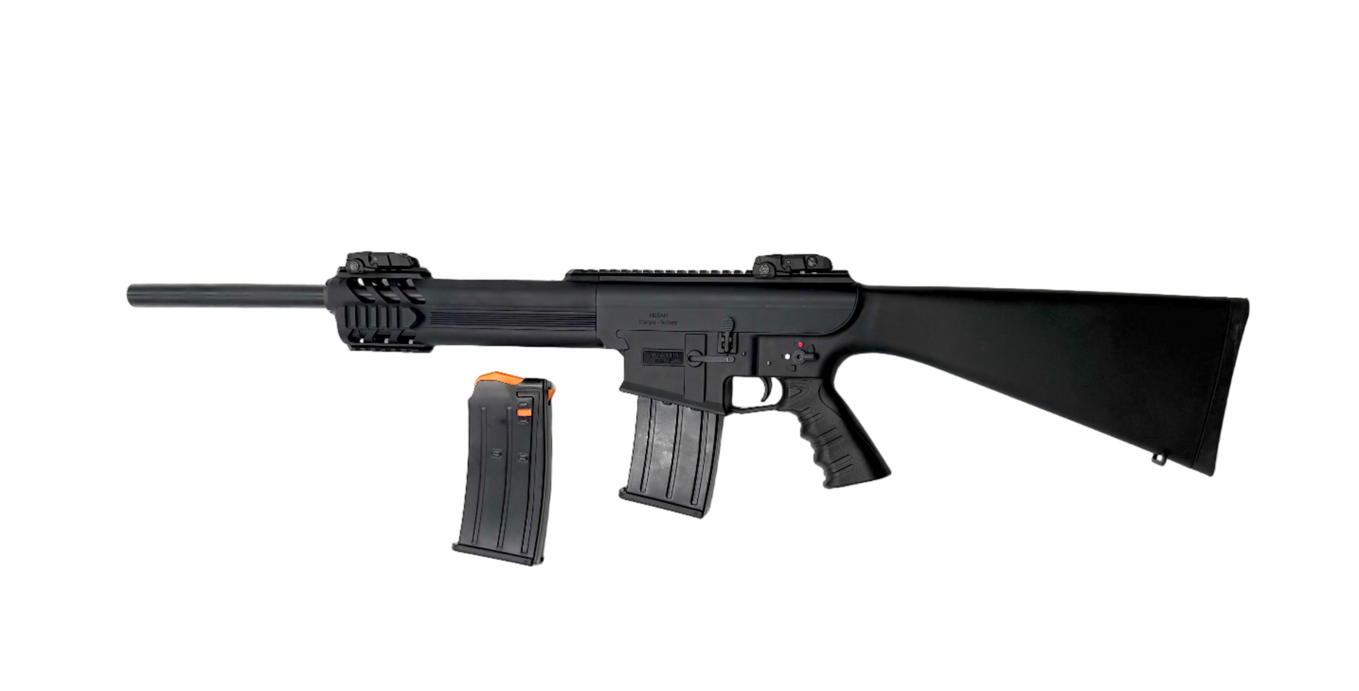 Black rifle with magazine on a white background