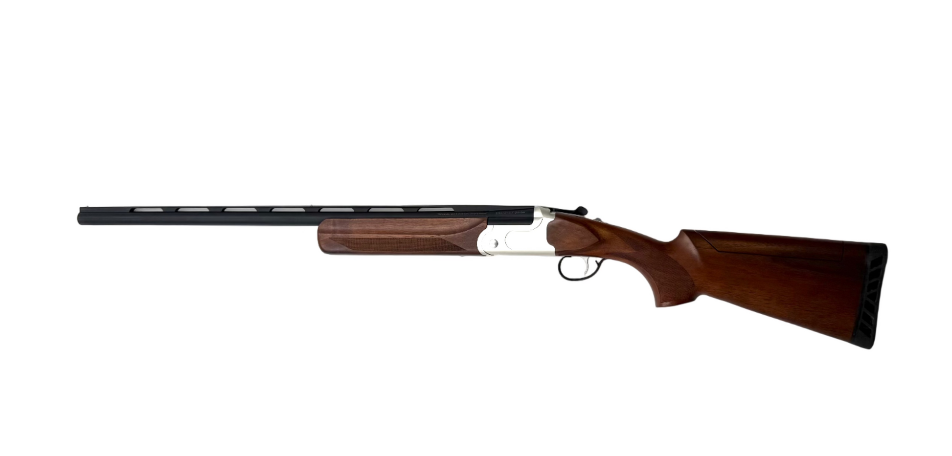 Savage Arms Stevens 555 Trap 20 Gauge single shot shotgun with wooden stock and blued metal barrel.