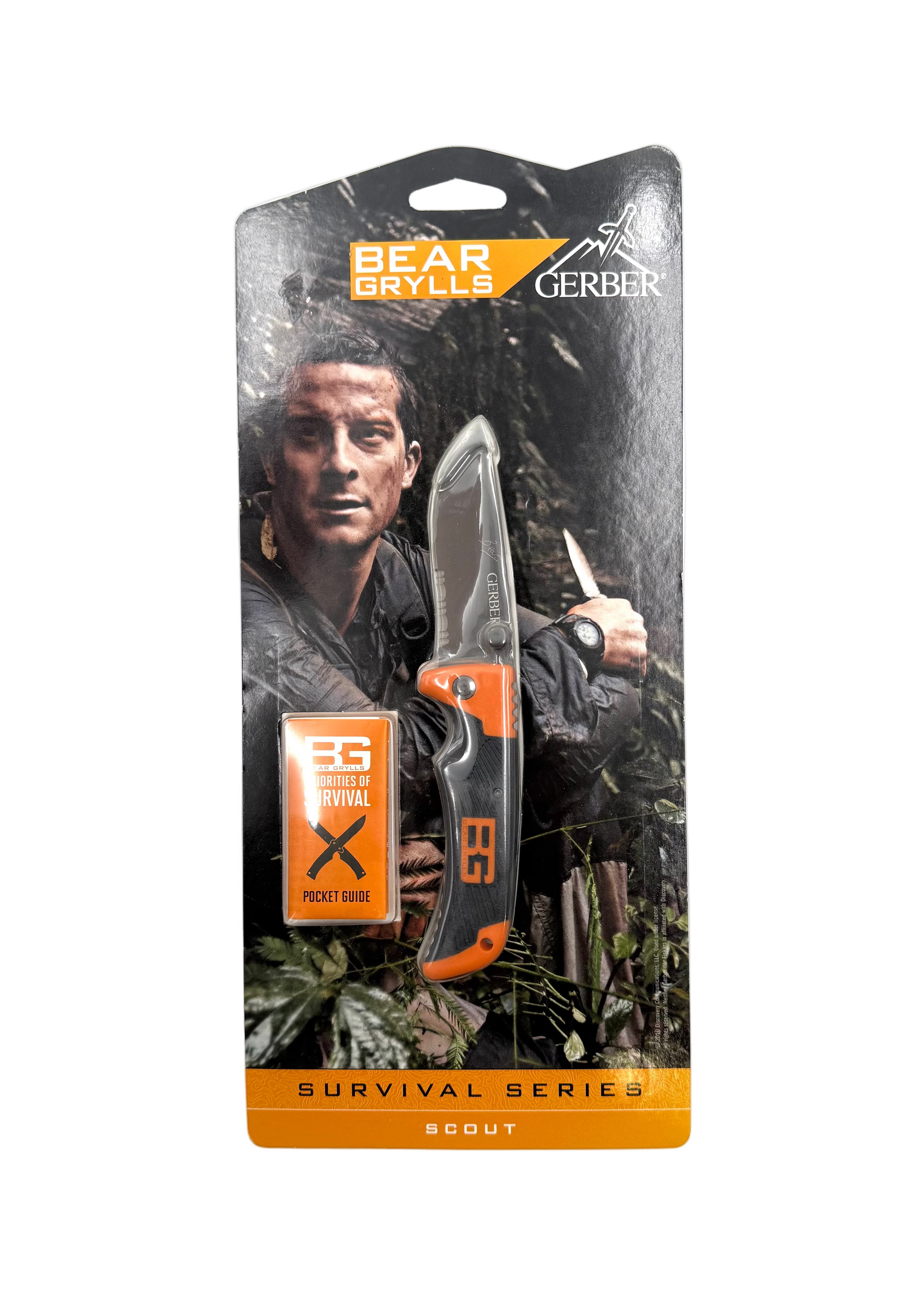 Gerber Scout knife packaging with a person holding a knife on a white background