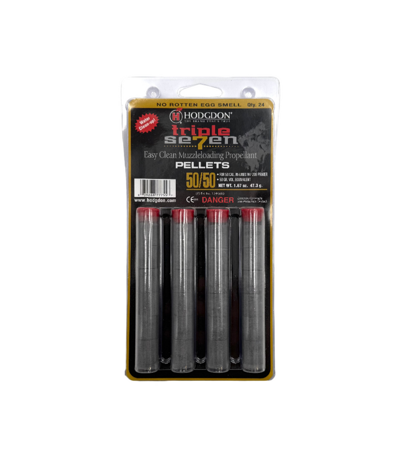 Hodgdon Powder Triple Se7en 50/50 pellets for 50 caliber in-line rifles with 209 primers, shown in a 24-count package.