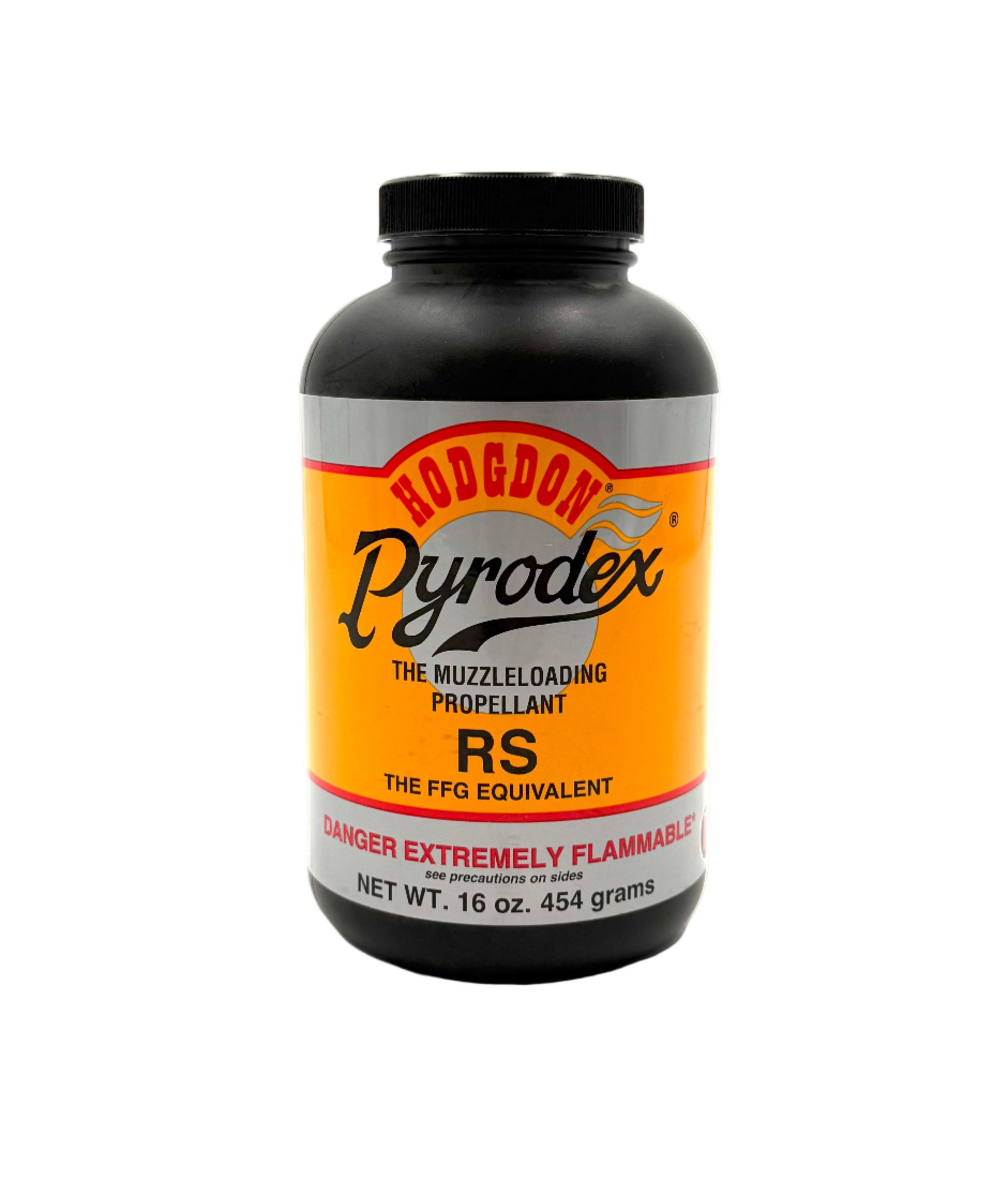 Hodgdon Powder Pyrodex RS muzzleloading propellant in a 16 oz container, used for black powder firearm reloads.