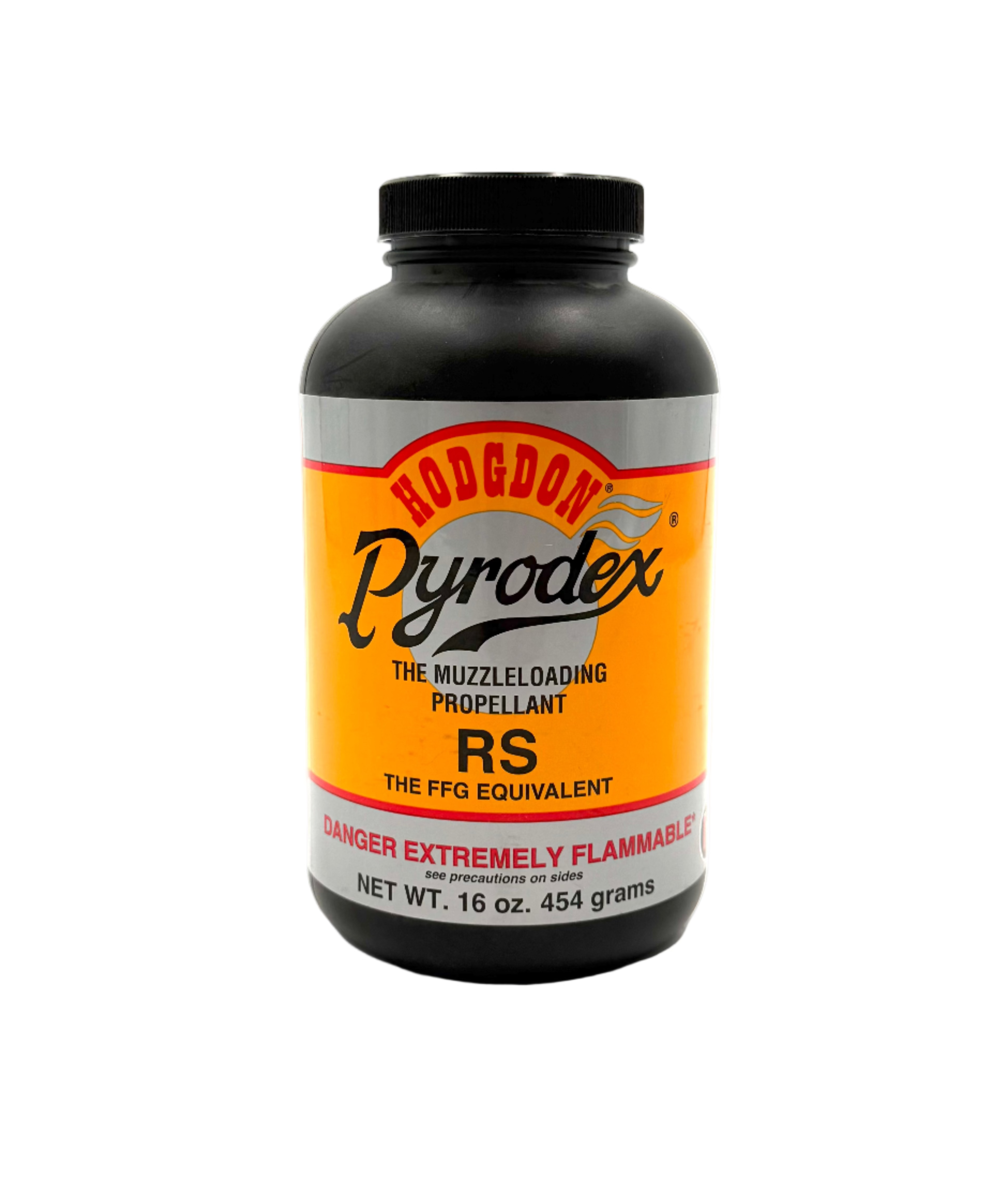 Hodgdon Powder Pyrodex RS muzzleloading propellant in a 16 oz container, used for black powder firearm reloads.