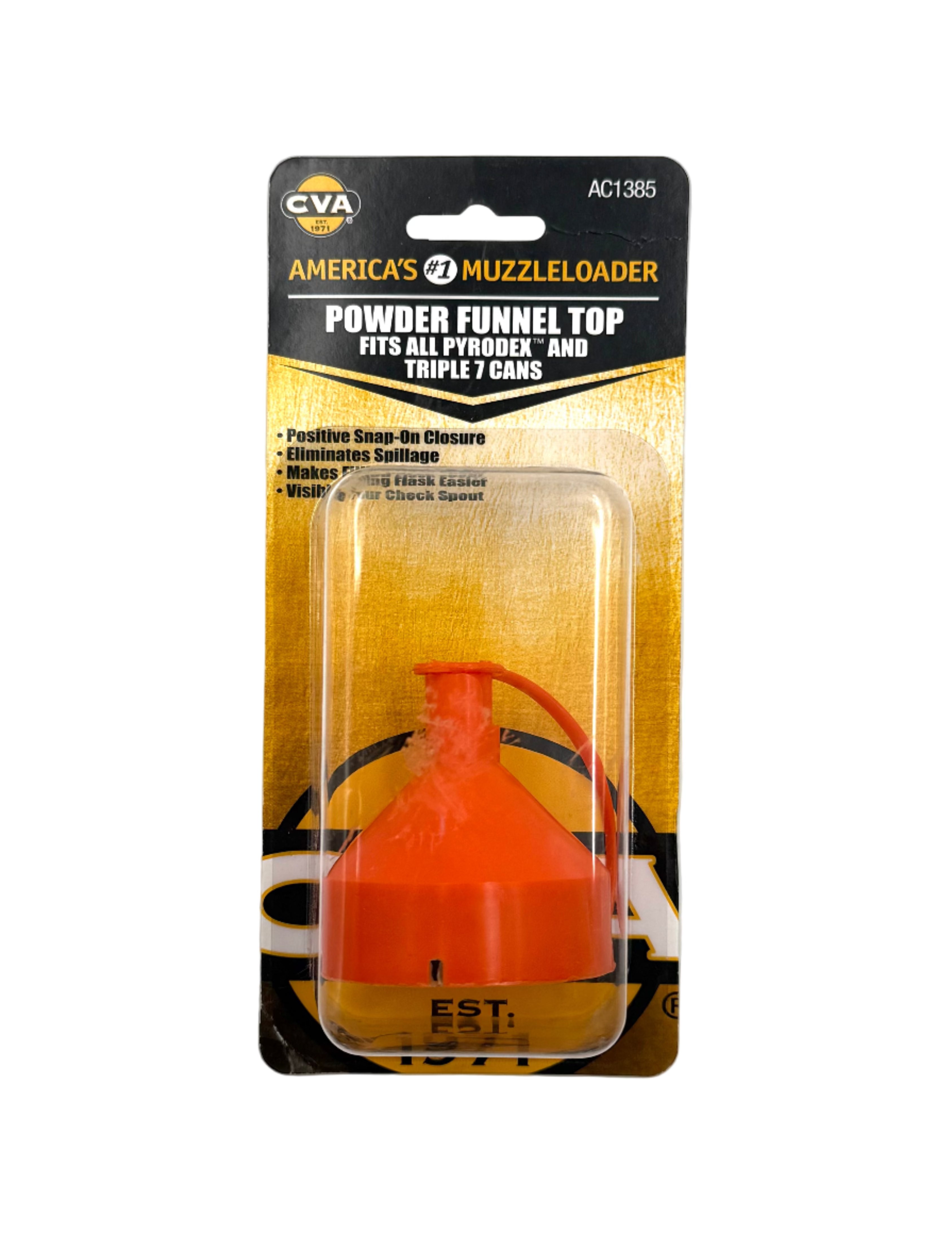 CVA Powder Funnel Top fitting Pyrodex and Triple Se7en cans, shown on a white background for easy pouring and transfer of gunpowder.
