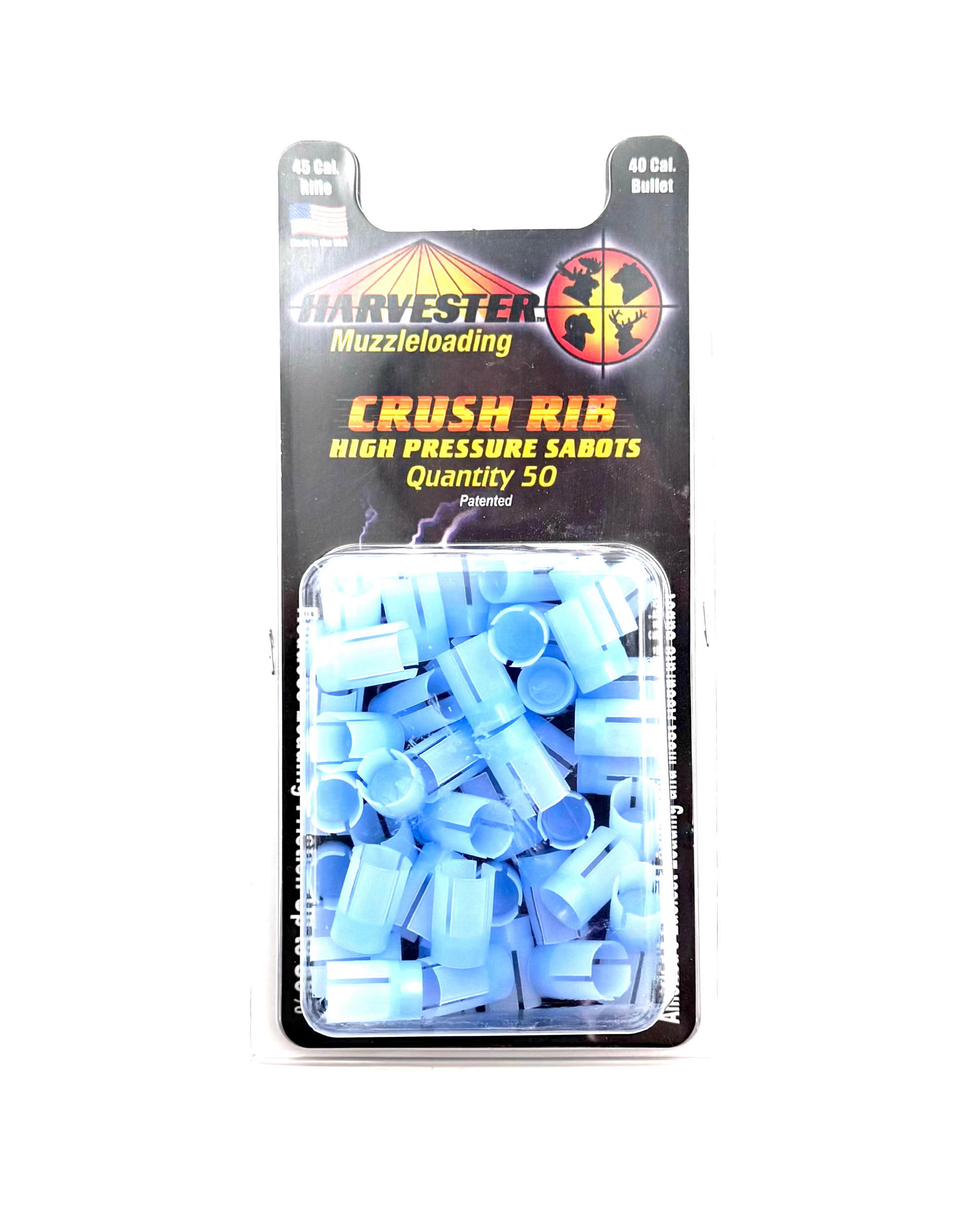 Packaged blue high-pressure bags with Harvester Muzzleloading branding on a white background
