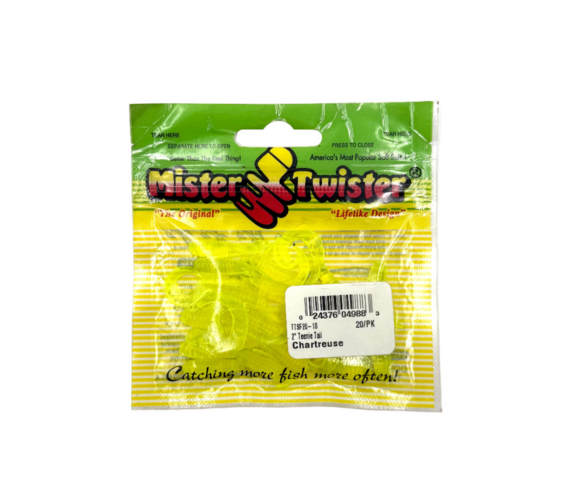 Mister Twister 2-inch Teenie Tail bait lures in chartreuse, 20-pack, designed for fishing and attracting fish.