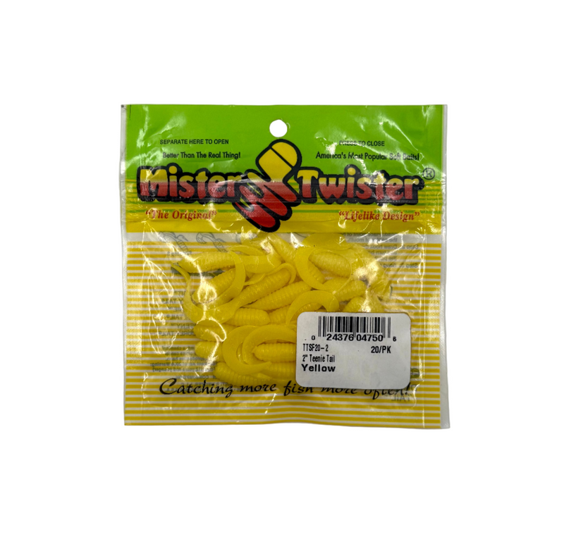 Yellow Mister Twister 2-inch Teenie Tail bait lures, 20-pack, designed for fishing and attracting fish with vibrant color and realistic movement.