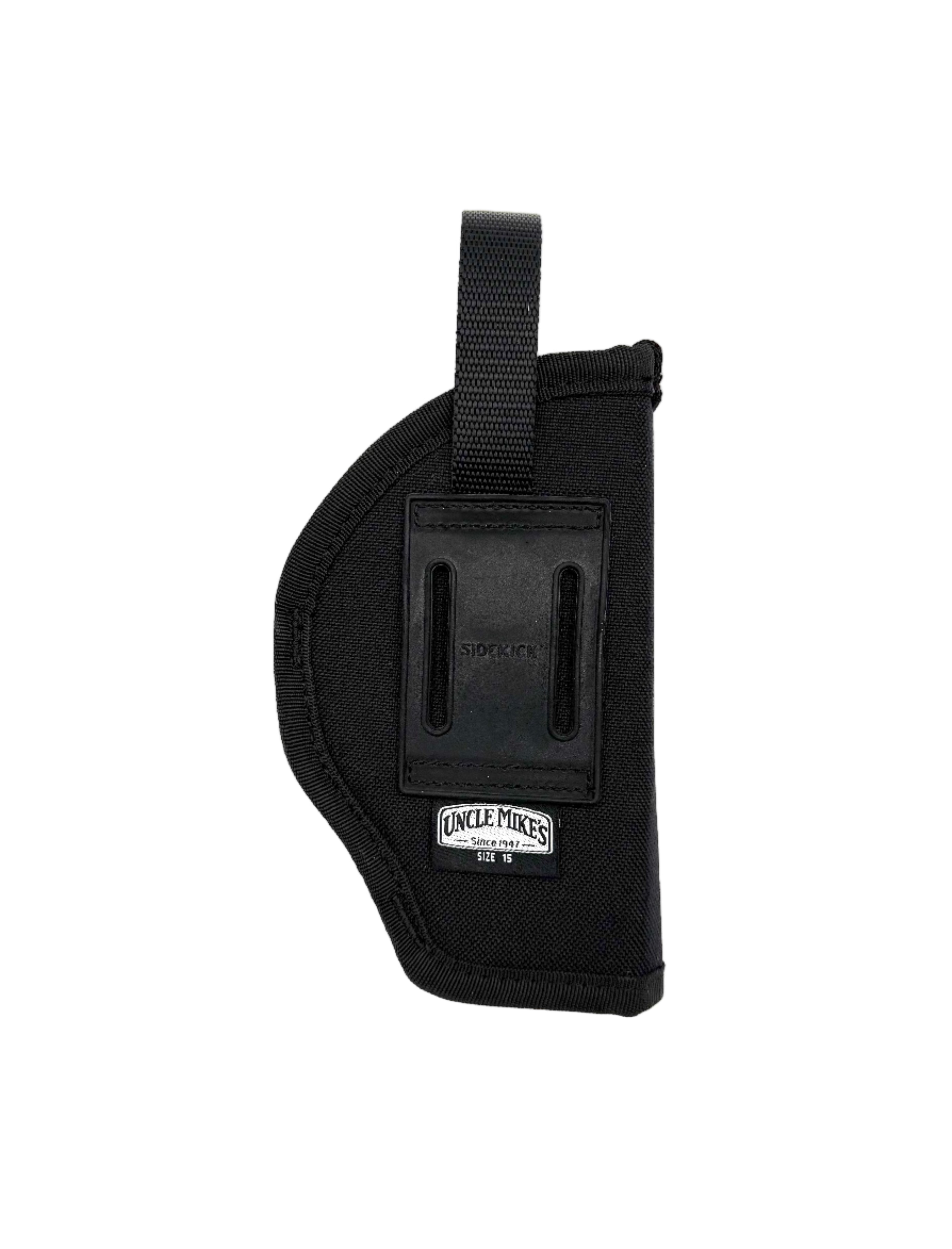Black holster with a visible brand logo on a white background