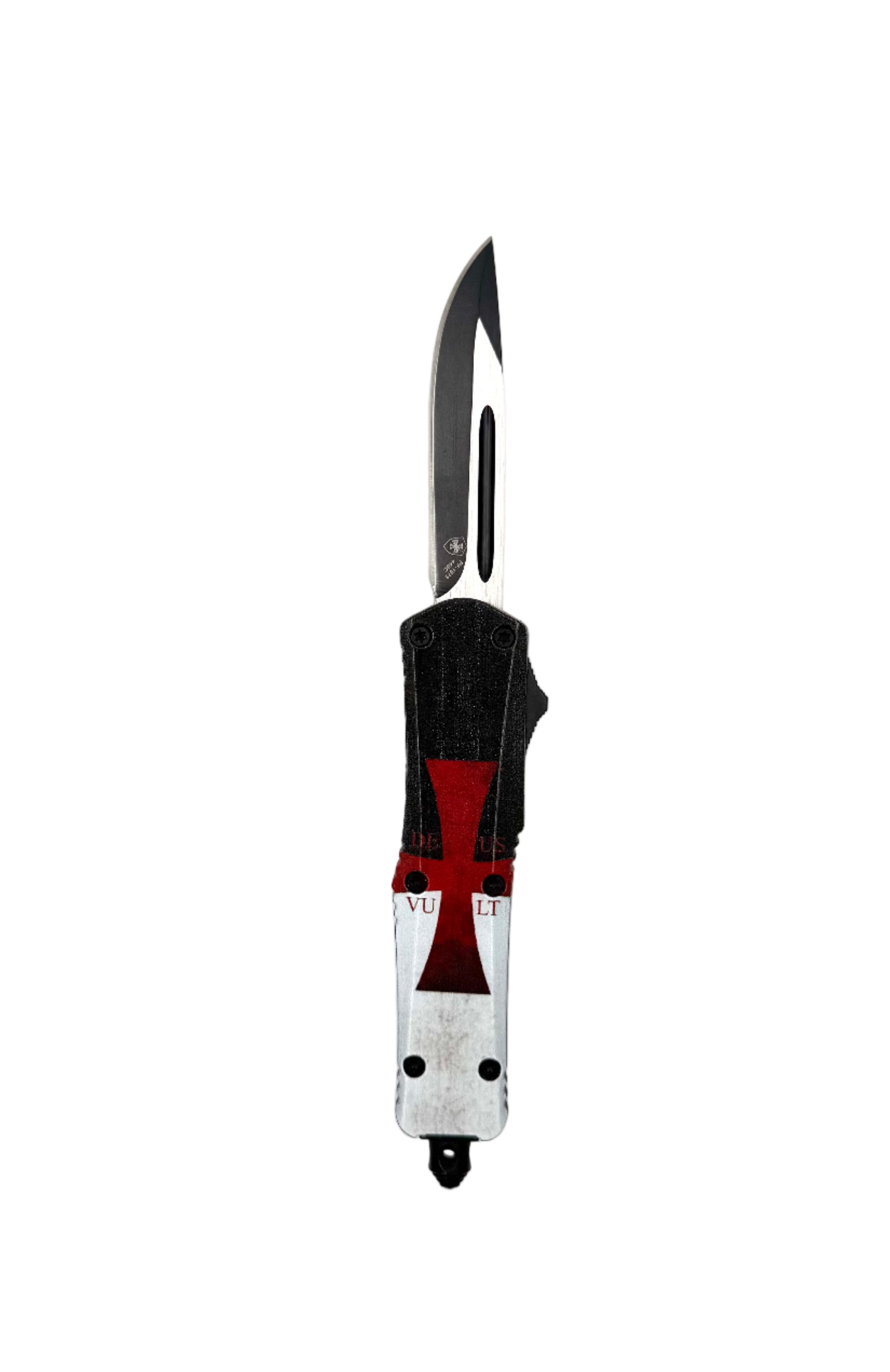 Small Templar Flag 440 Black Drop OTF Knife by Templar Knives with a sleek black blade and compact design.