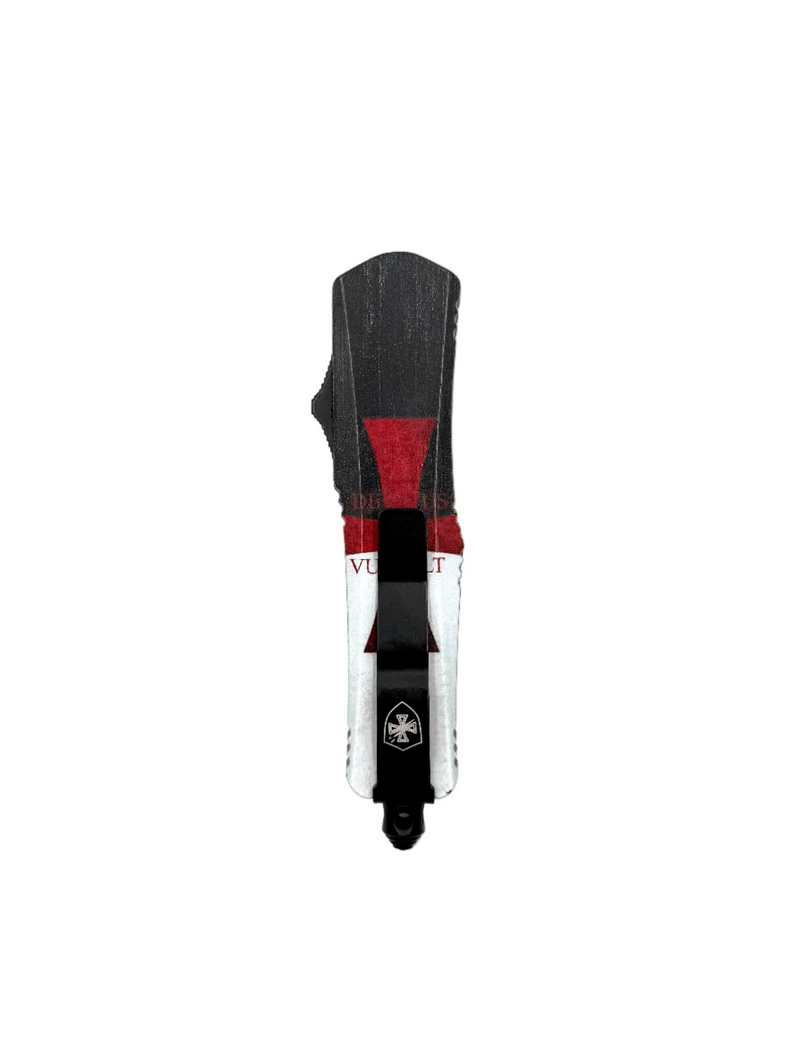 Templar Knives Small Templar Flag 440 Black Drop OTF Knife with a sleek design and flag engraving on the handle.