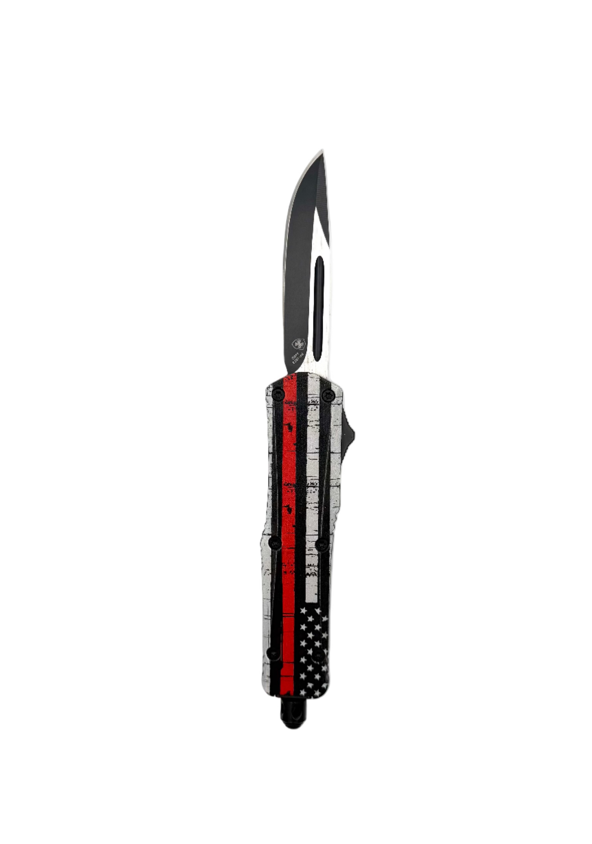 Templar Knives Small Liberty 440 black OTF knife with drop point blade, showcasing its sleek design and compact size.