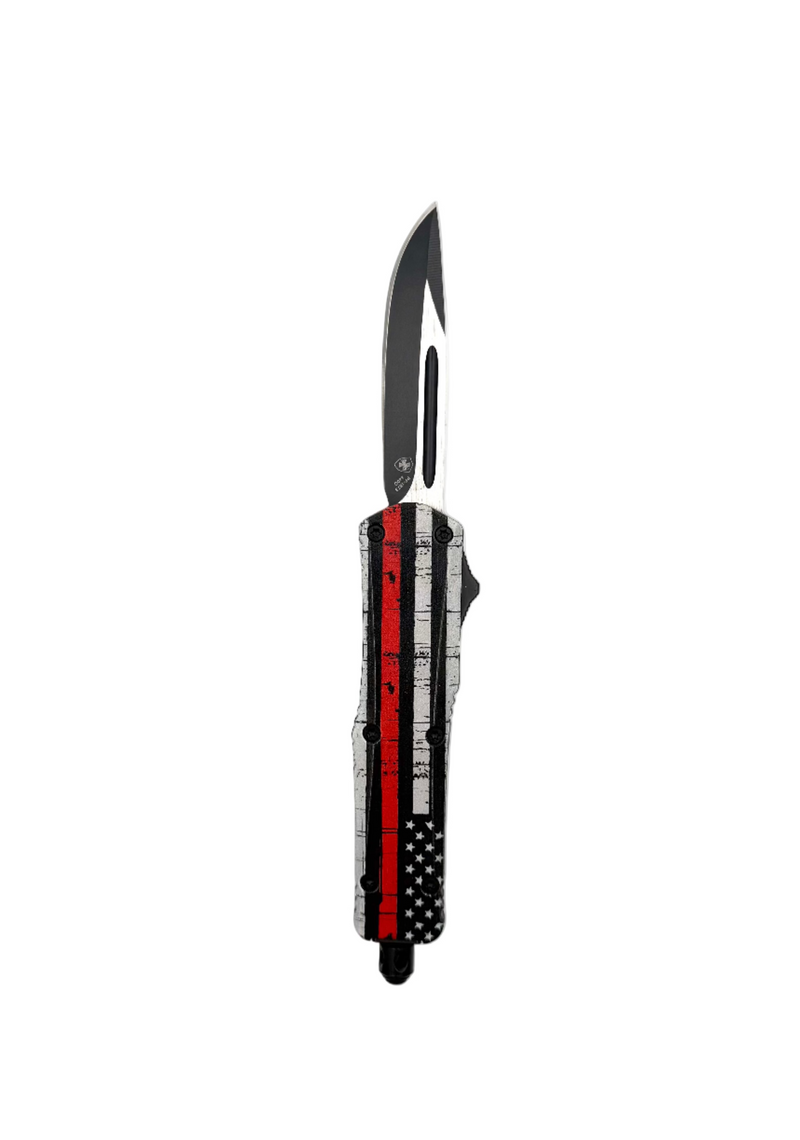 Templar Knives Small Liberty 440 black OTF knife with drop point blade, showcasing its sleek design and compact size.