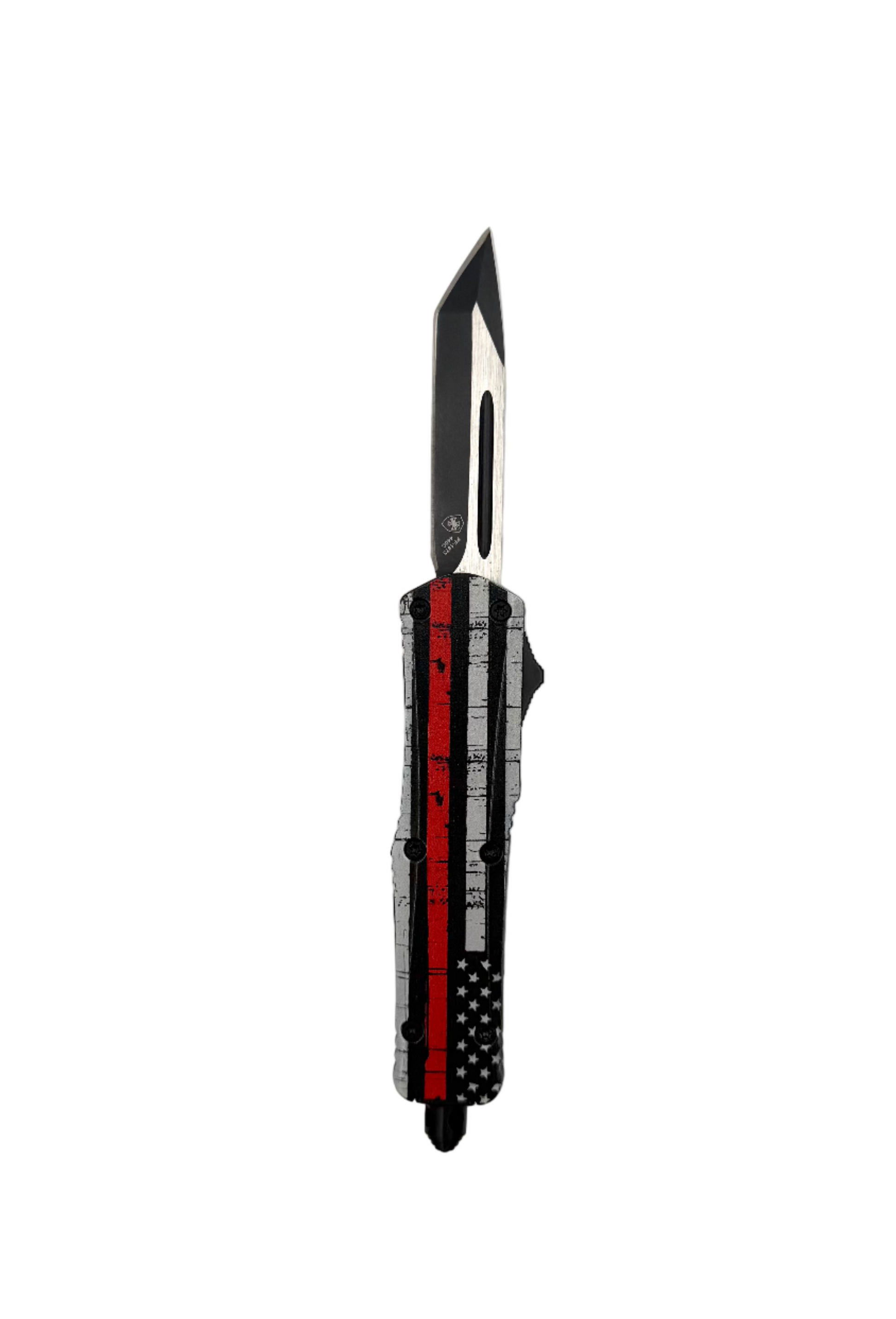Templar Knives Small Back the Red 440 black drop OTF knife with a sleek blade and ergonomic handle displayed on a neutral background.
