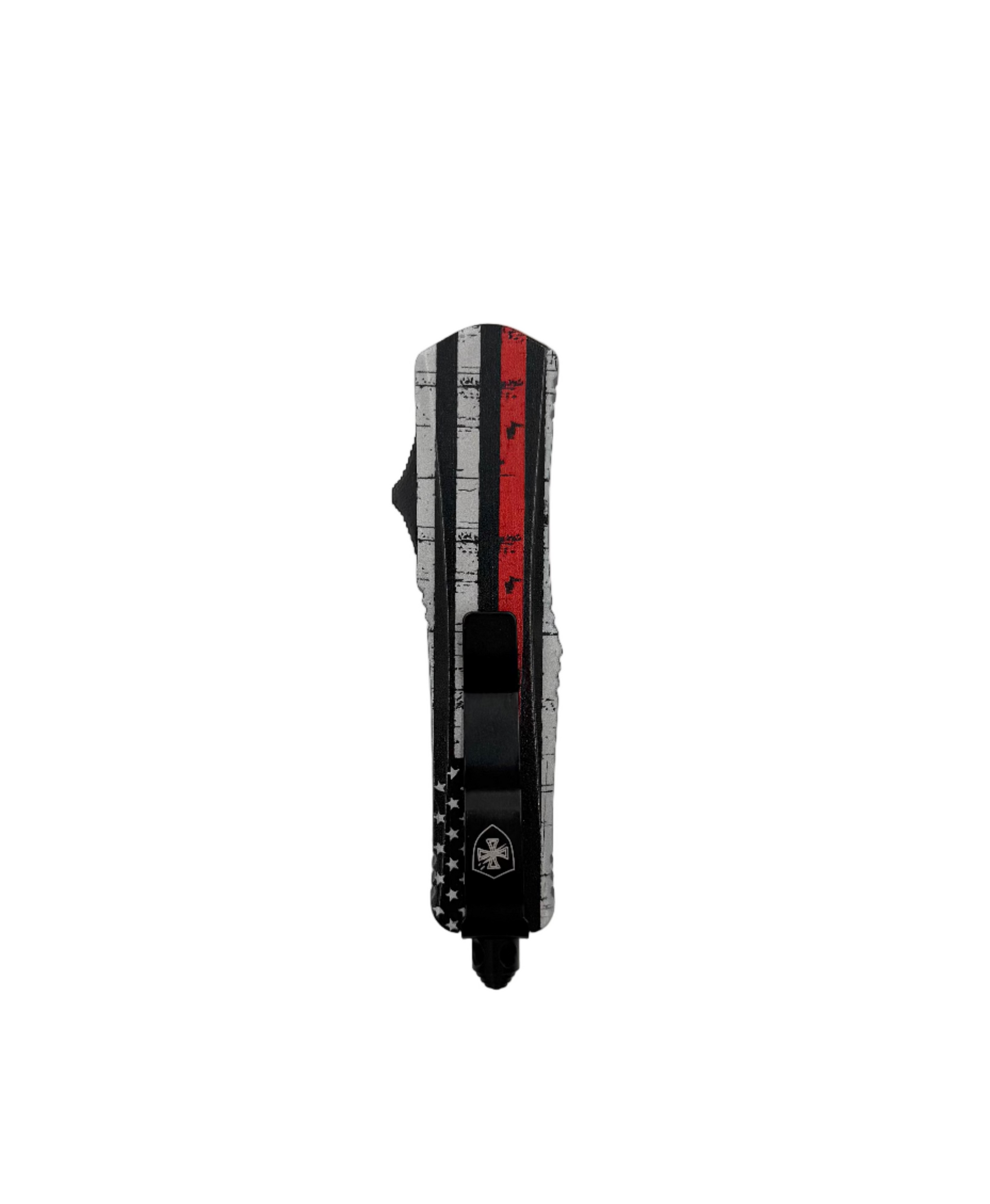 Templar Knives Small Back the Red 440 black drop OTF knife with sleek design and tactical features displayed on a neutral background.