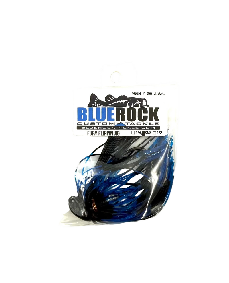 Blue Rock Fury Flippin Jig in black and blue, 3/8oz, designed for fishing, with detailed hooks and jig features visible.