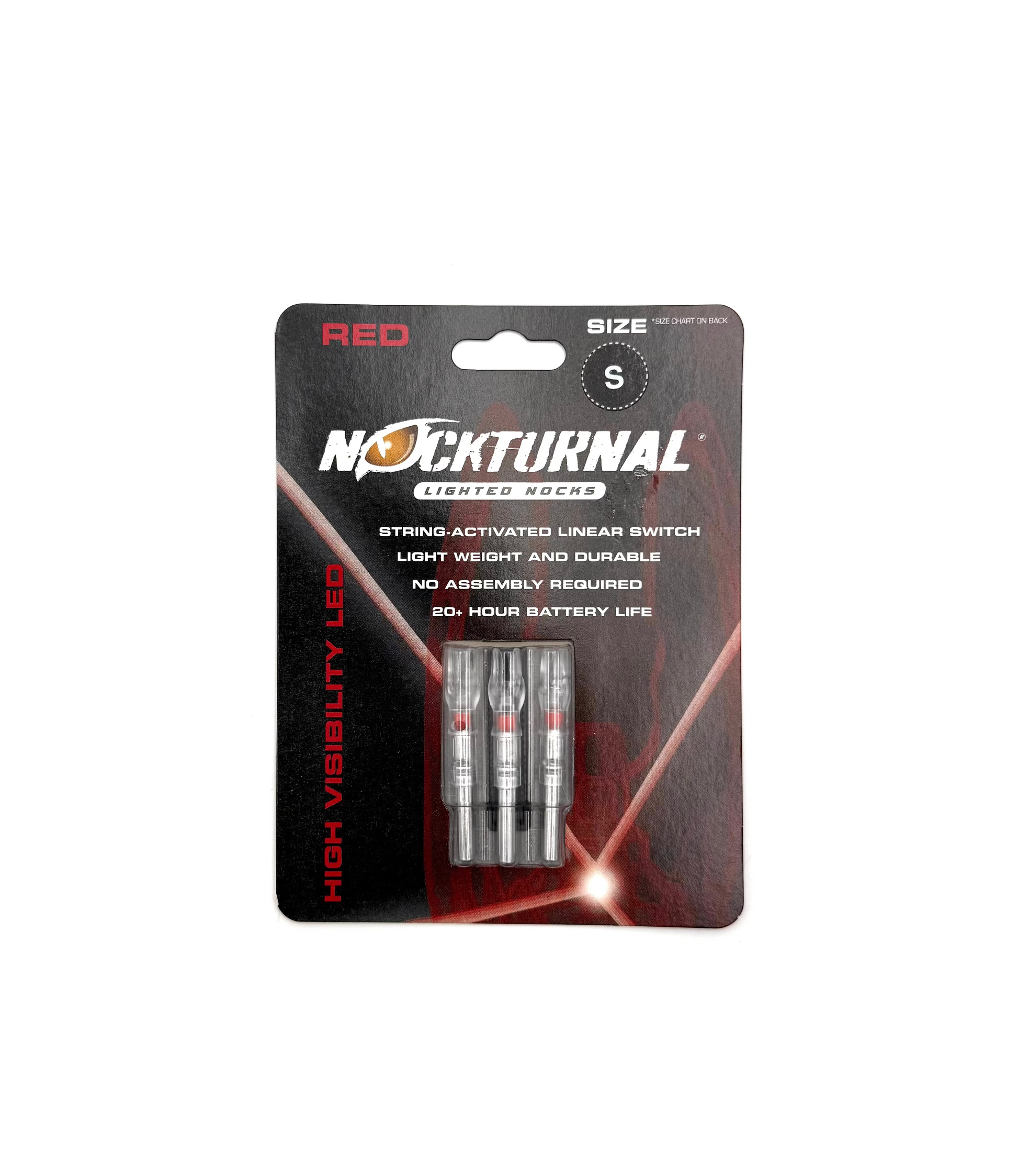 Red lighted arrow nock from Nockturnal, size S, designed for improved visibility during archery shoots.