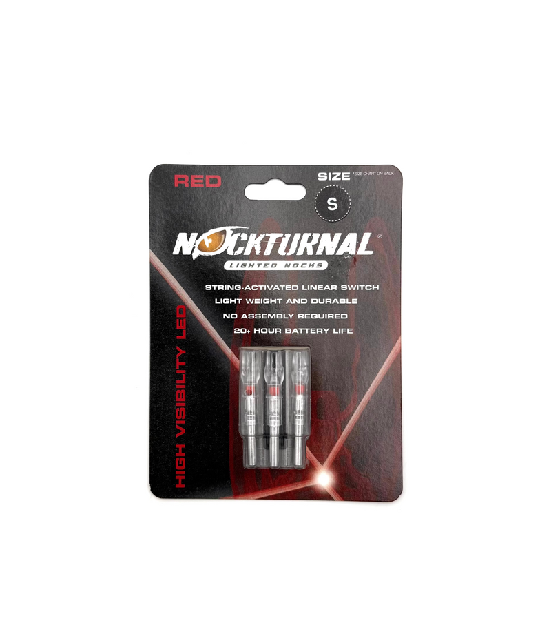 Red lighted arrow nock from Nockturnal, size S, designed for improved visibility during archery shoots.