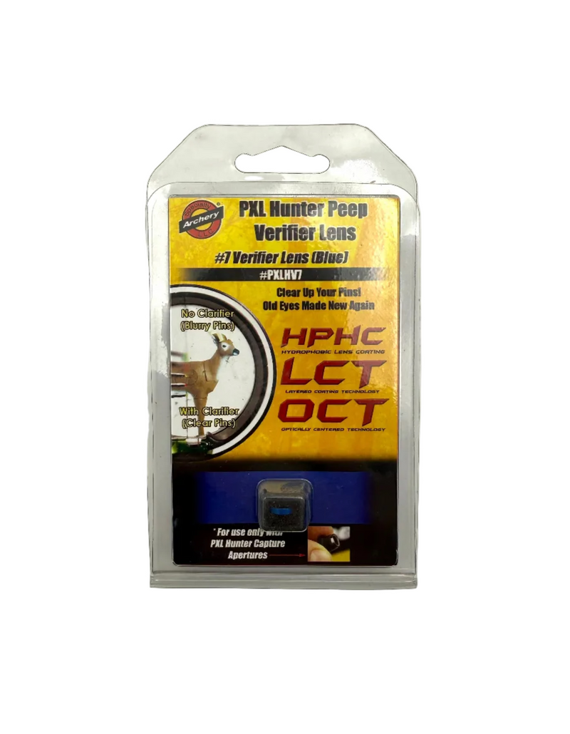 Specialty Archery LLC PXL Hunter Peep Verifier Lens #7 in blue, designed for archery peep sight visibility and accuracy.
