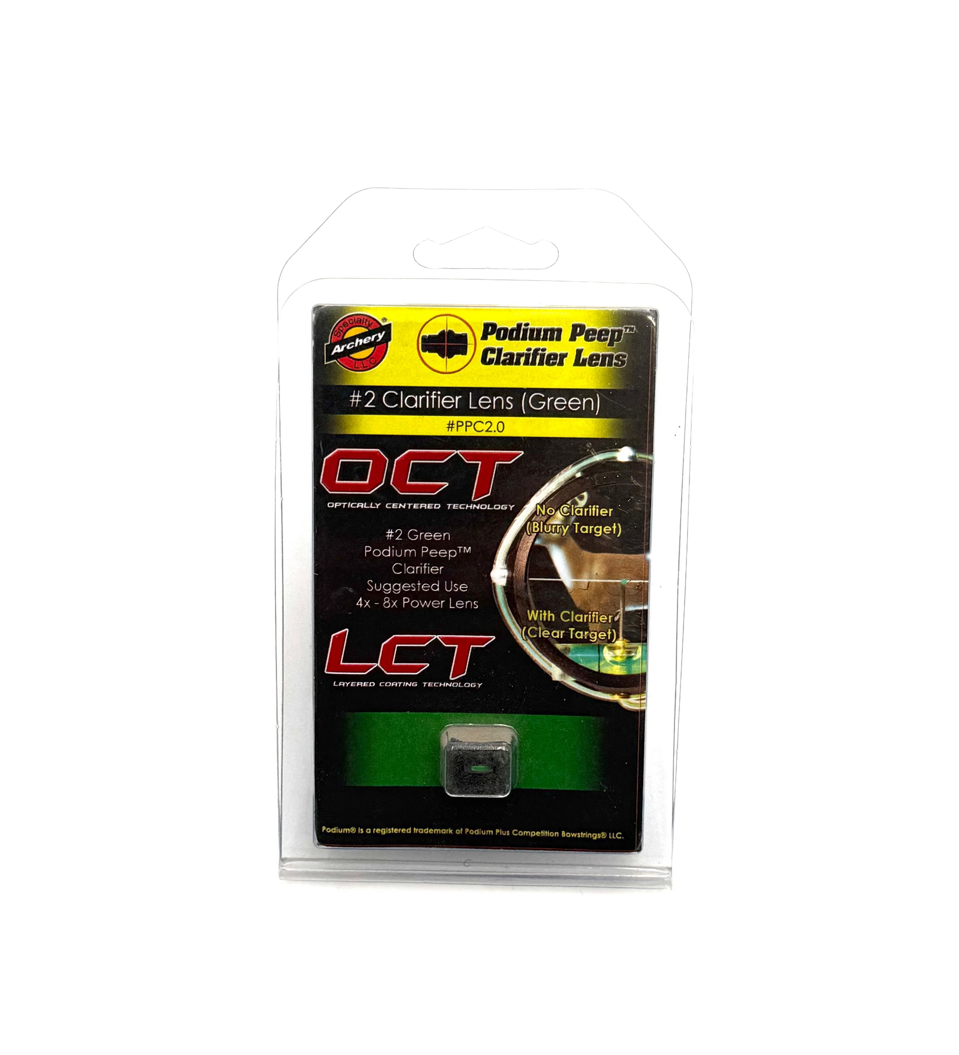 Specialty Archery LLC Podium Peep Clarifier Lens #2 in green, designed for improving target archery sight clarity.