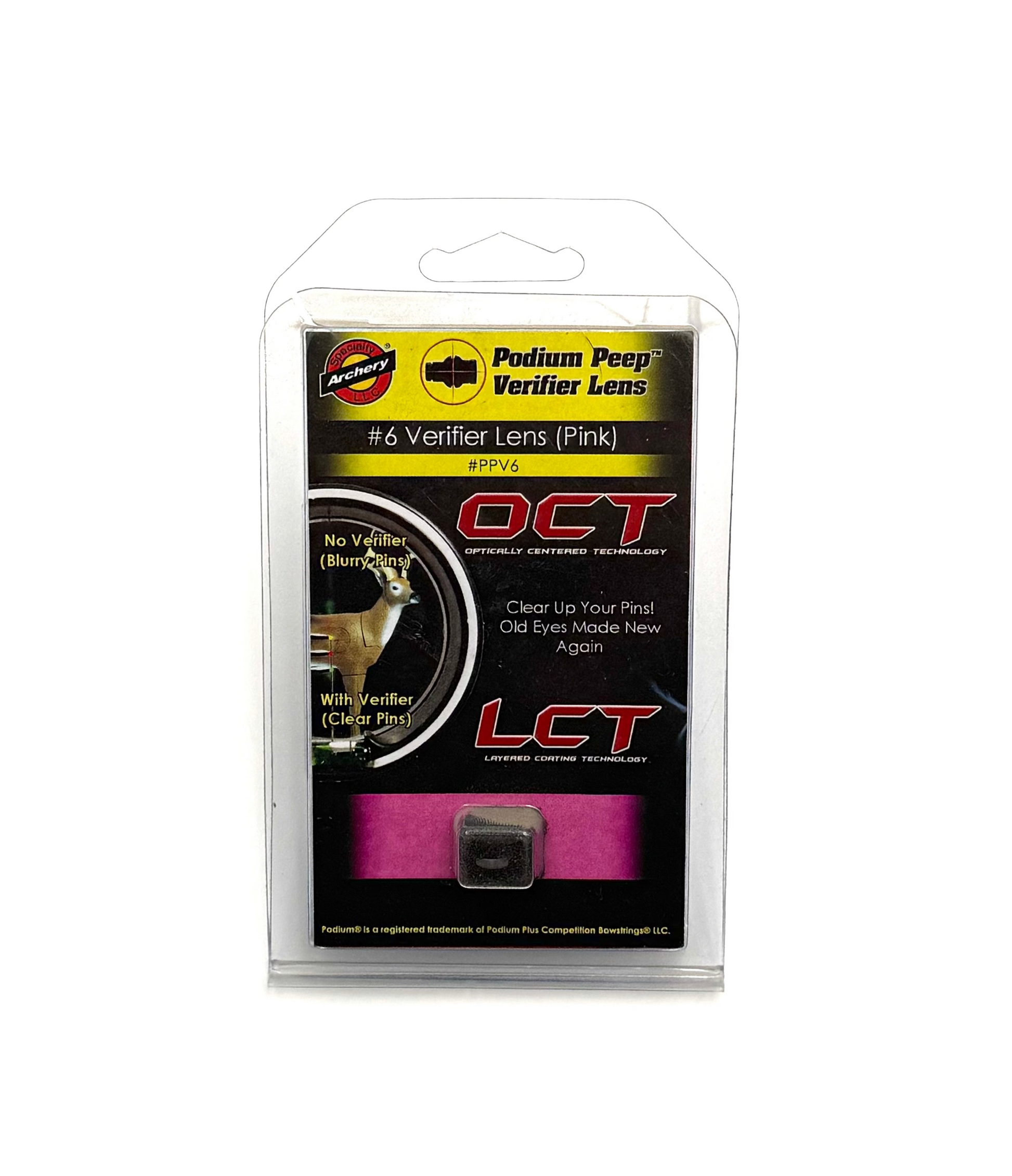 Specialty Archery LLC Podium Peep Verifier Lens #6 in pink, designed for archery peep sight verification and adjustment.