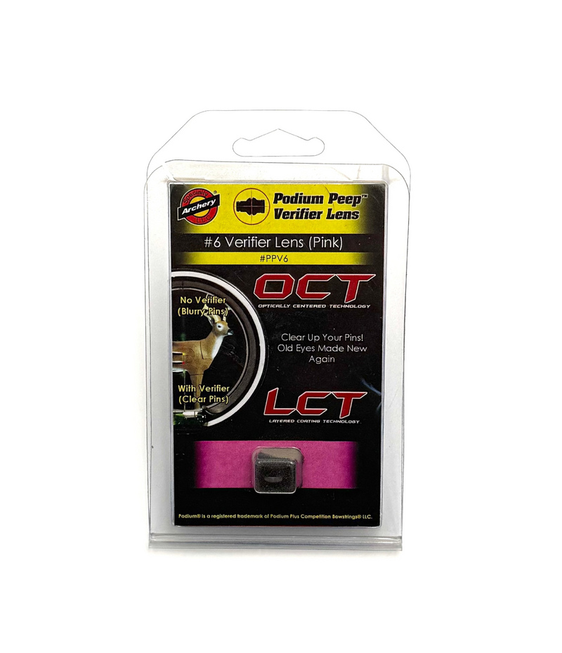Specialty Archery LLC Podium Peep Verifier Lens #6 in pink, designed for archery peep sight verification and adjustment.