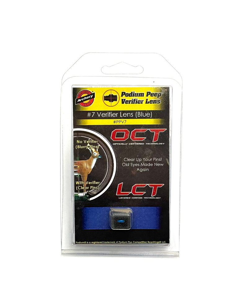 Specialty Archery LLC Podium Peep Verifier Lens #7 in blue for archery peep sight alignment and accuracy testing.