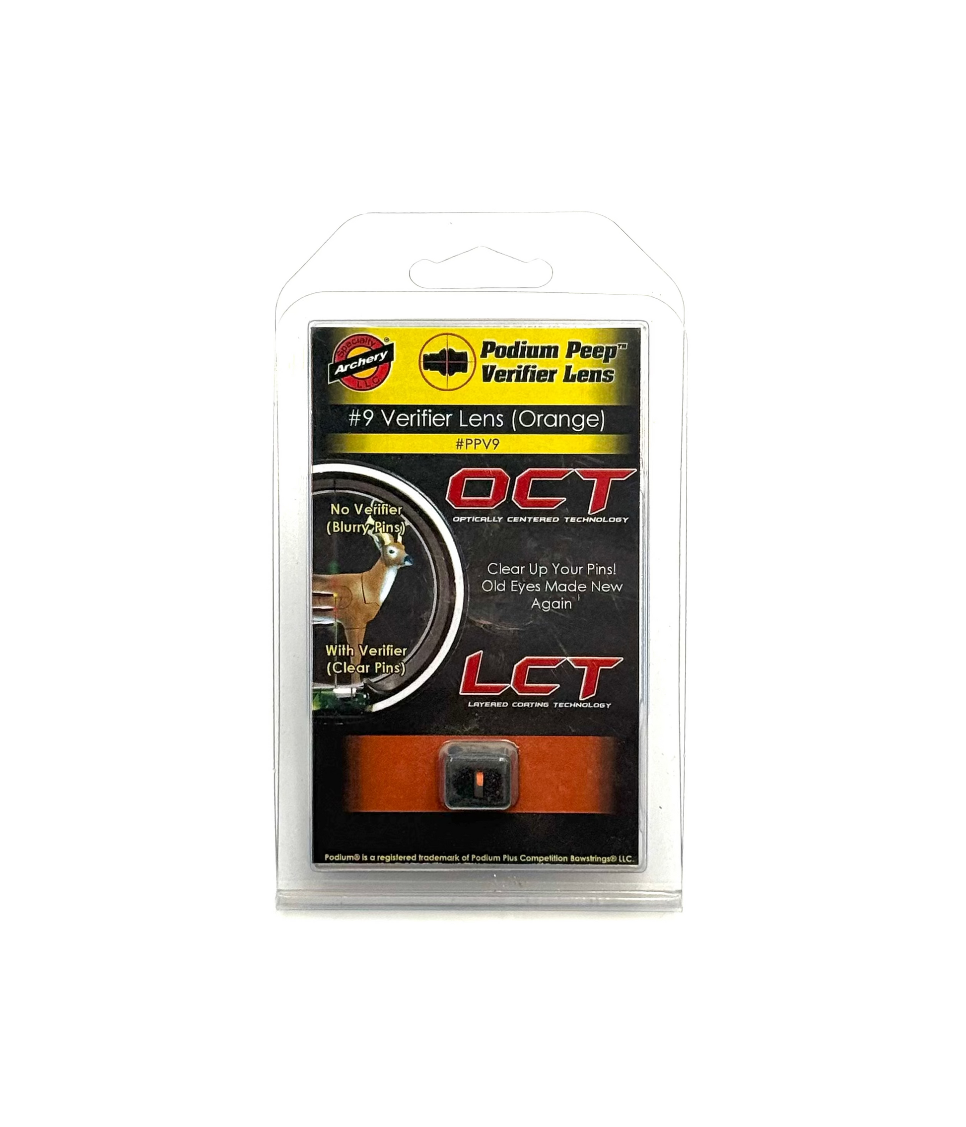 Specialty Archery LLC Podium Peep Verifier Lens #9 in orange, used for accurately checking archery peep sights.