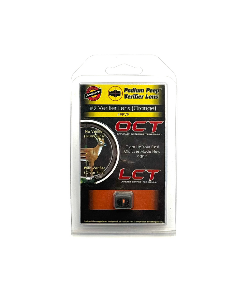 Specialty Archery LLC Podium Peep Verifier Lens #9 in orange, used for accurately checking archery peep sights.