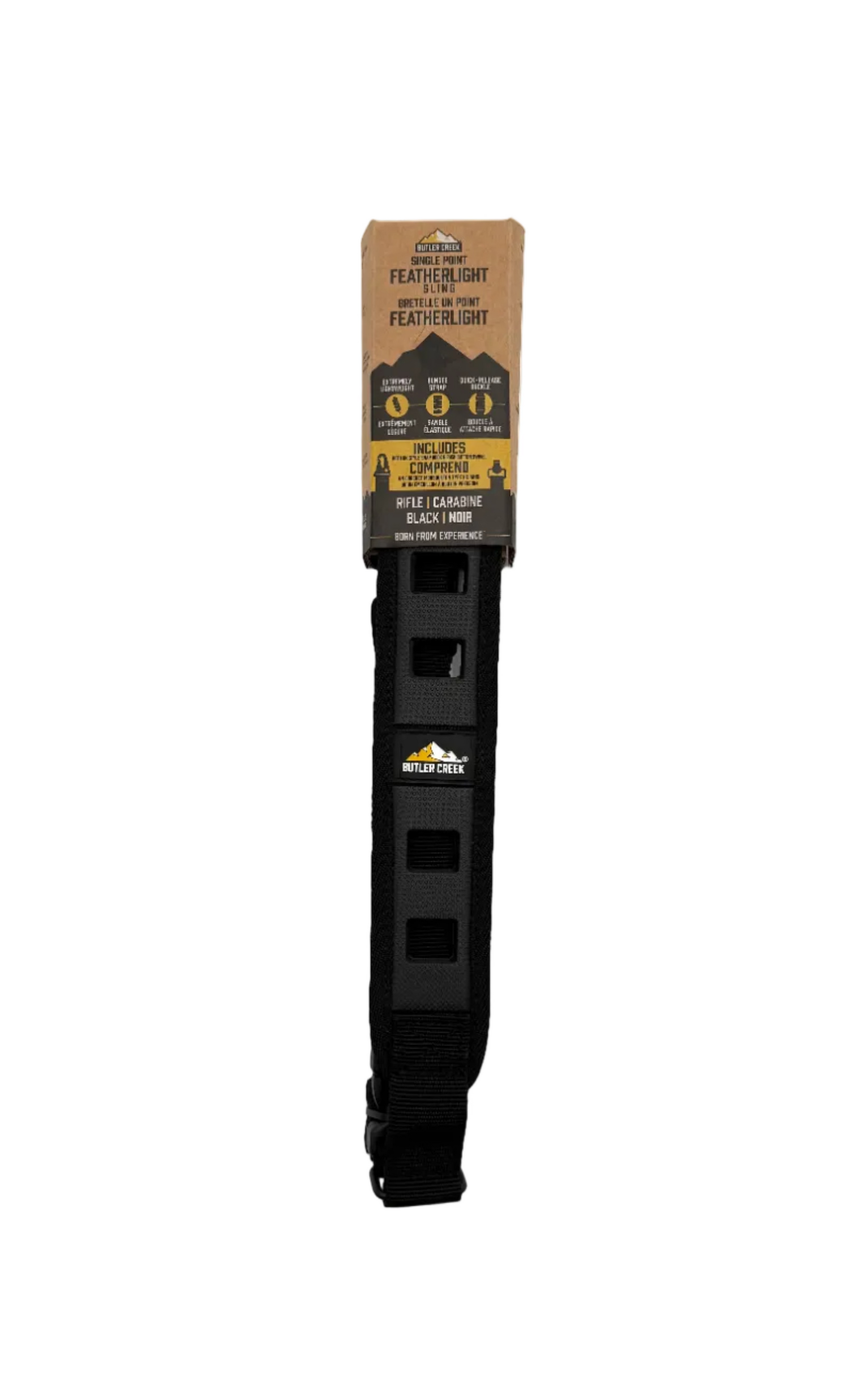 Butler Creek Featherlight rifle sling in black, single point firearm sling with adjustable strap for easy carrying.