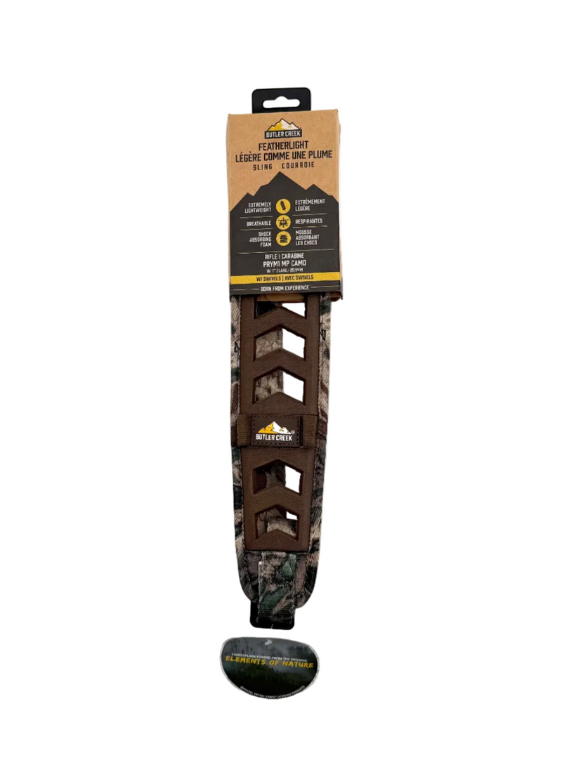 Butler Creek Featherlight Rifle Sling in MP Camo, lightweight firearm sling with adjustable straps for comfortable gun carry.