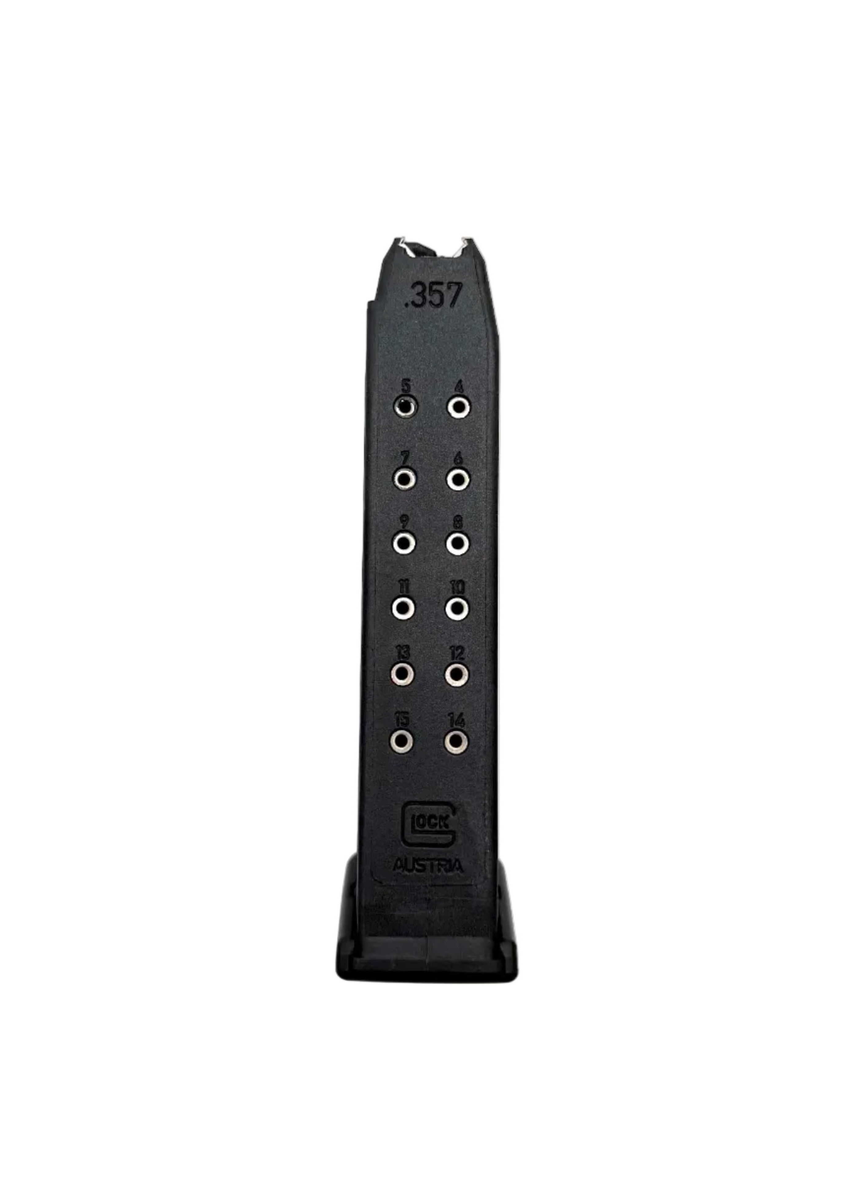 Glock 13-round .357 Mag magazine showing black metal construction and feeding lips for firearm loading.