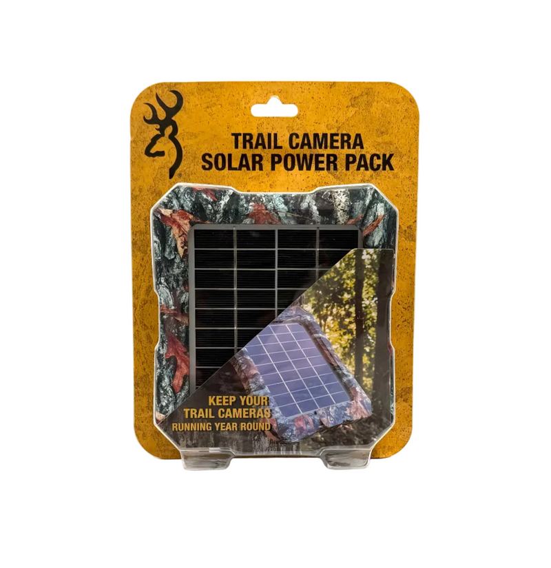 Browning Trail Camera Solar Power Pack with solar panel and battery setup for outdoor wildlife monitoring.