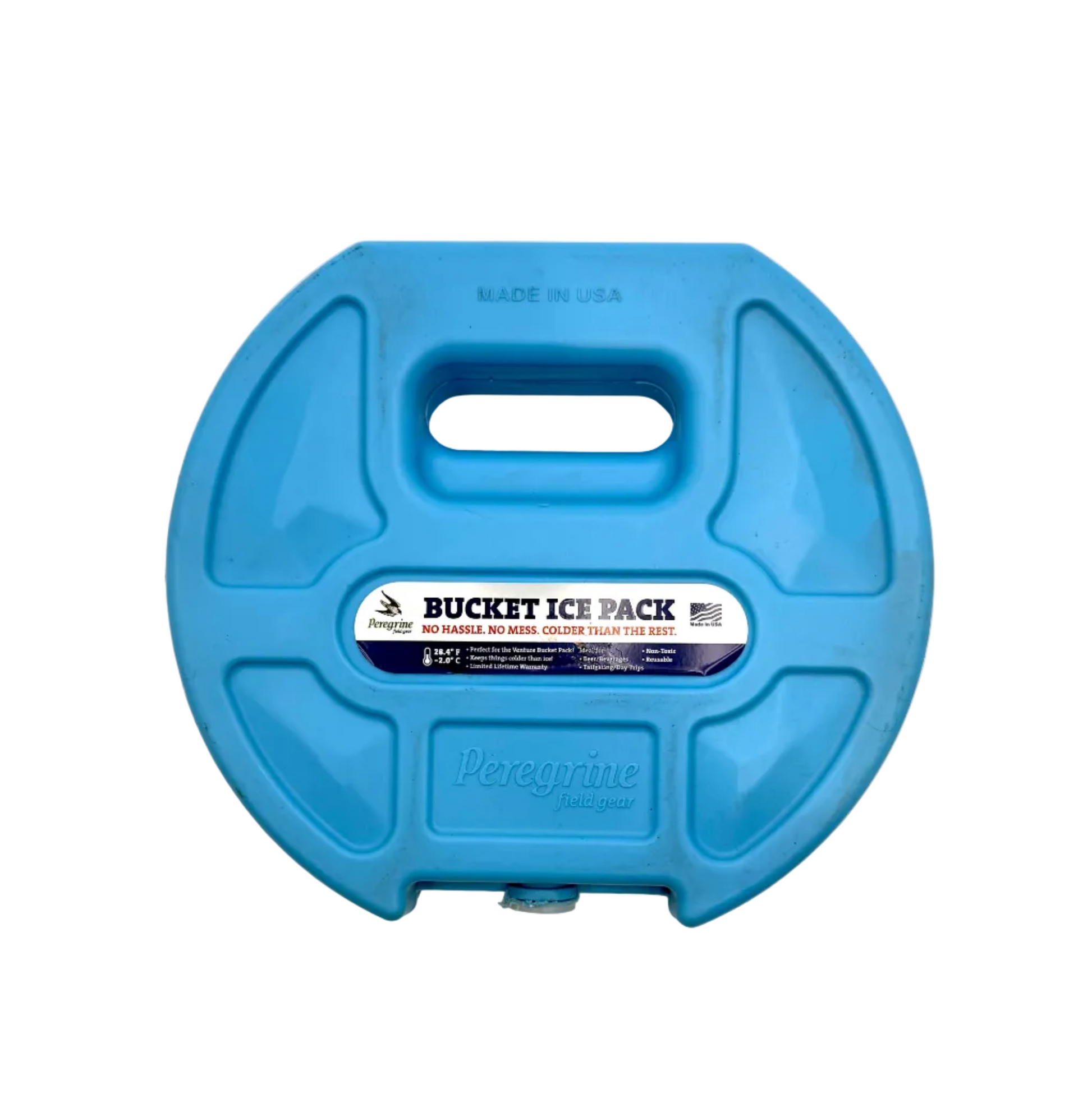 Peregrine Field Gear Bucket Ice Pack showing a clear plastic container with a blue ice pack inside for cooling and storage.