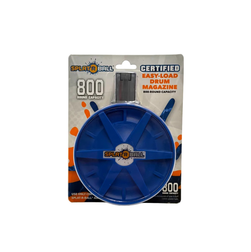 SplatRBall Certified Easy-Load Drum Magazine for SplatRBall blasters, holds 800 rounds, shown in a close-up image.
