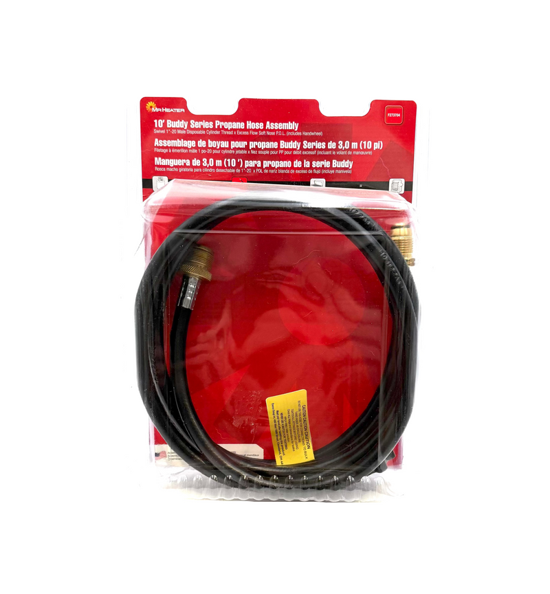 Mr Heater 10-foot Buddy Series propane hose assembly connected to a propane tank for safe outdoor heating or camping use.