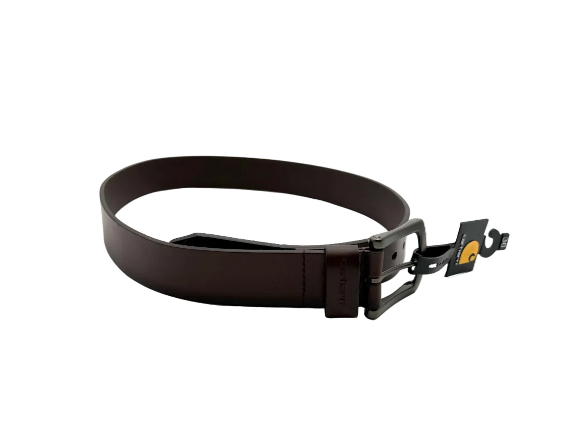 Carhartt men's leather belt with box buckle in brown, size 36, featuring durable leather strap and classic design.