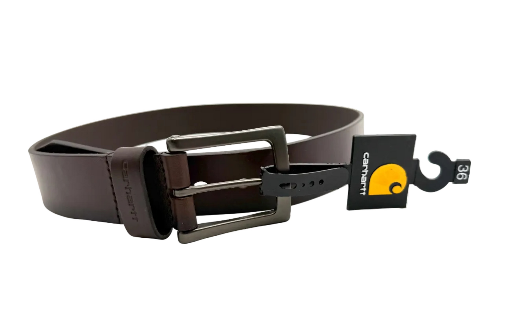 Carhartt men's brown leather belt with box buckle and size 36, showing detailed leather texture and sturdy design.