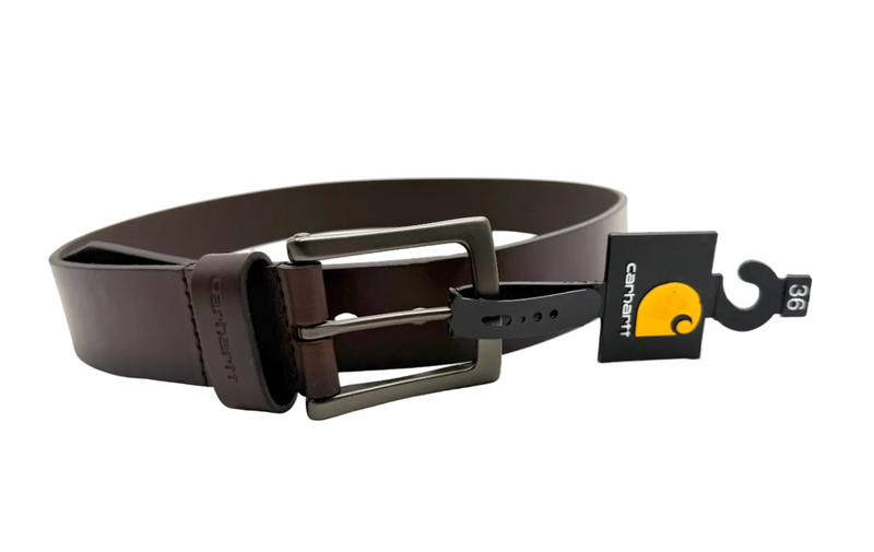 Carhartt men's brown leather belt with box buckle and size 36, showing detailed leather texture and sturdy design.