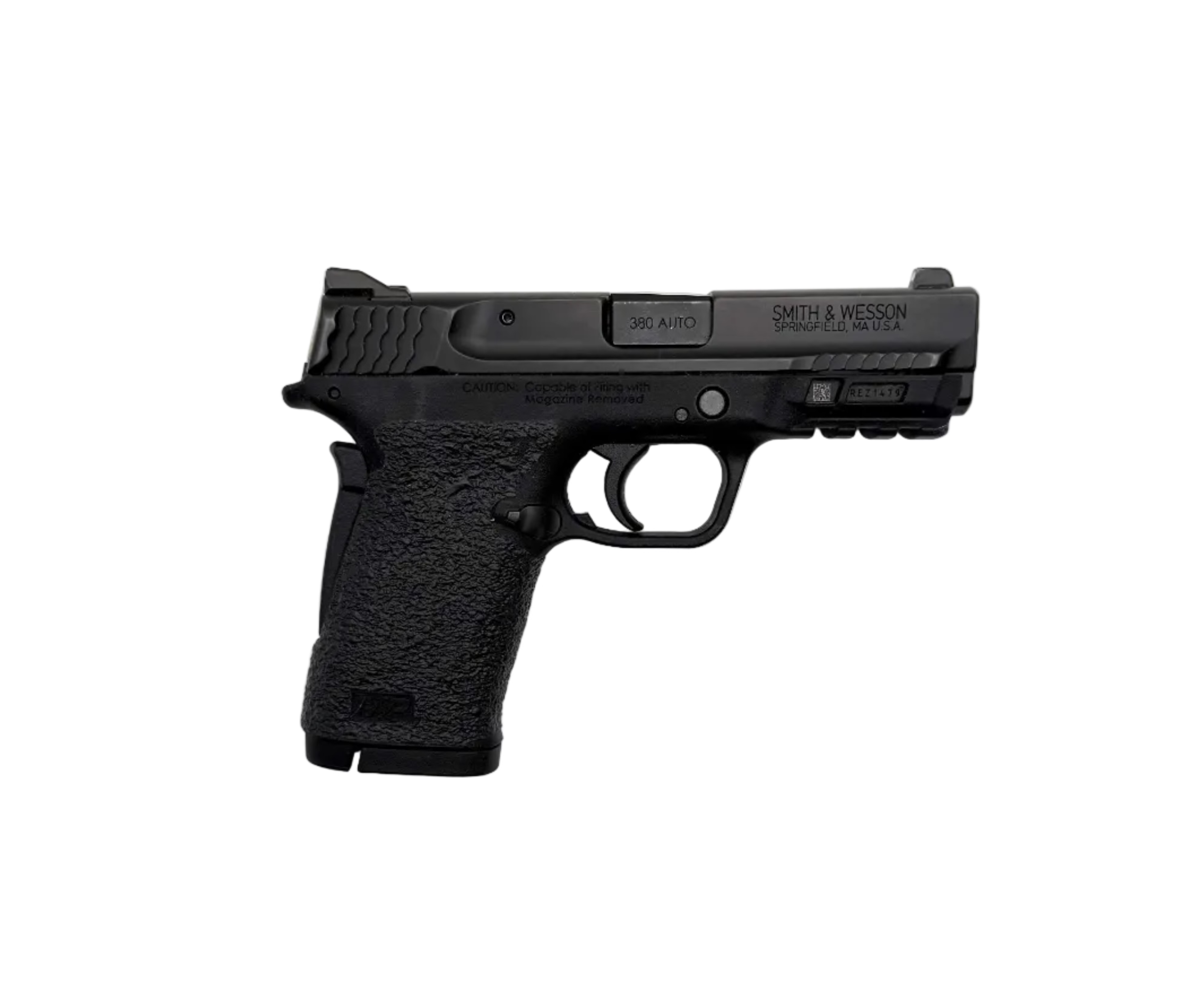Smith & Wesson M&P 380 Shield EZ M2.0 semi-auto pistol with black slide and polymer grip, shown from side angle.