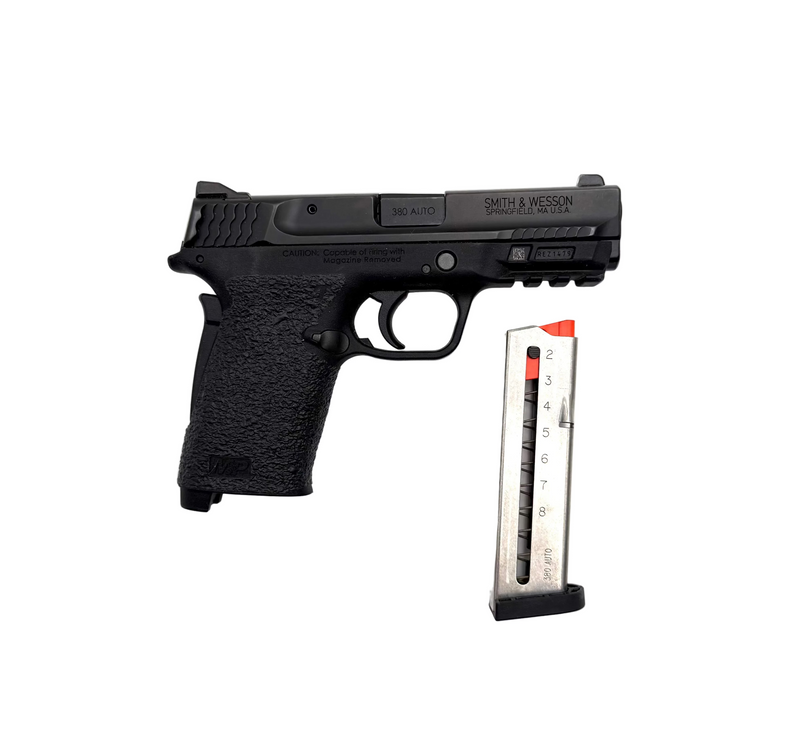 Smith & Wesson M&P 380 Shield EZ M2.0 semi-auto pistol with black polymer grip and metal slide, shown from side angle.