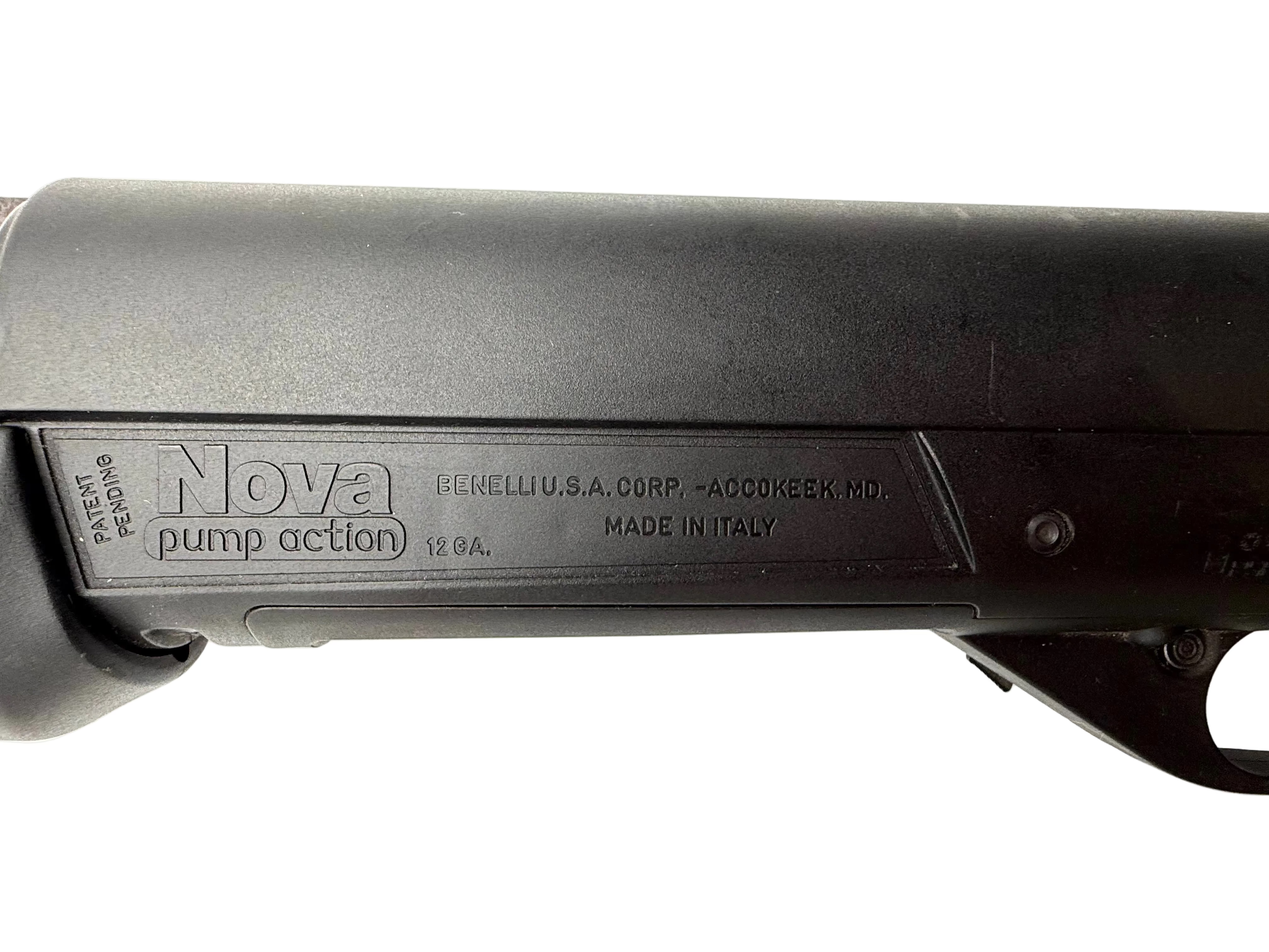 Benelli Nova 12 gauge pump action shotgun with 26-inch barrel and 3.5-inch chamber, featuring choke tube for versatile shooting.