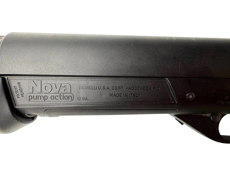 Benelli Nova 12 gauge pump action shotgun with 26-inch barrel and 3.5-inch chamber, featuring choke tube for versatile shooting.