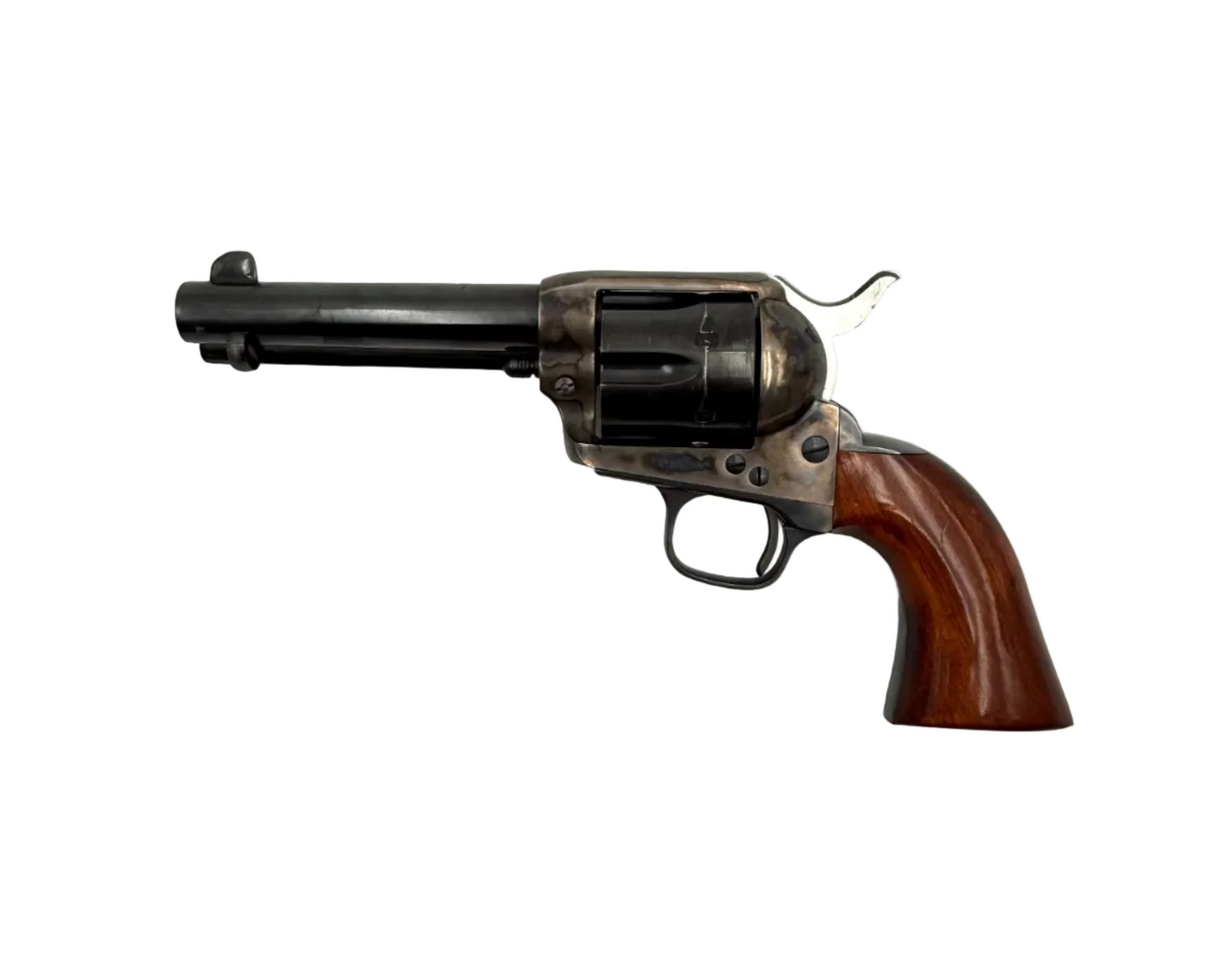A. Uberti 1873 Cattleman .45 LC single action revolver with wooden grips and metal finish, displayed on a neutral background.