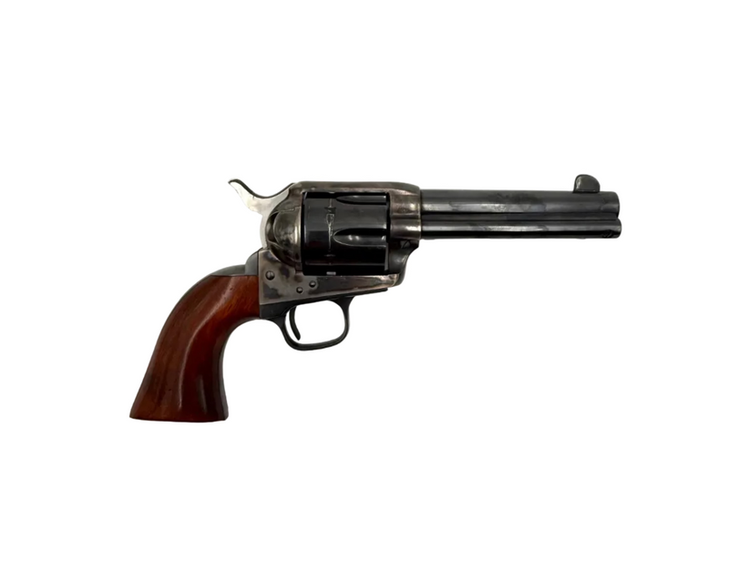 A. Uberti 1873 Cattleman .45 LC single action revolver with polished metal finish and wooden grip, displayed against a neutral background.