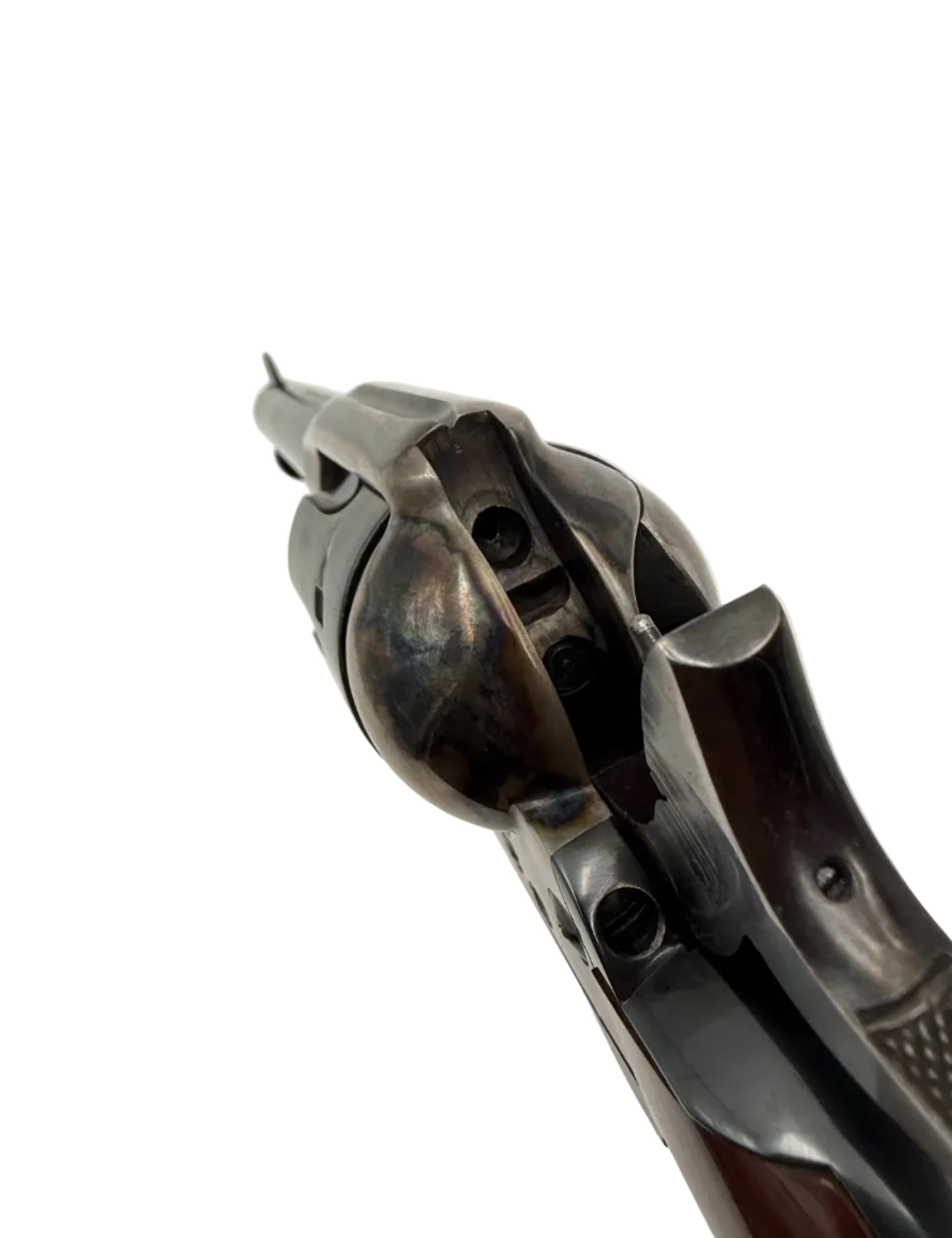 A. Uberti 1873 Cattleman .45 LC single action revolver with wooden grip and metal finish, displayed from a side angle.