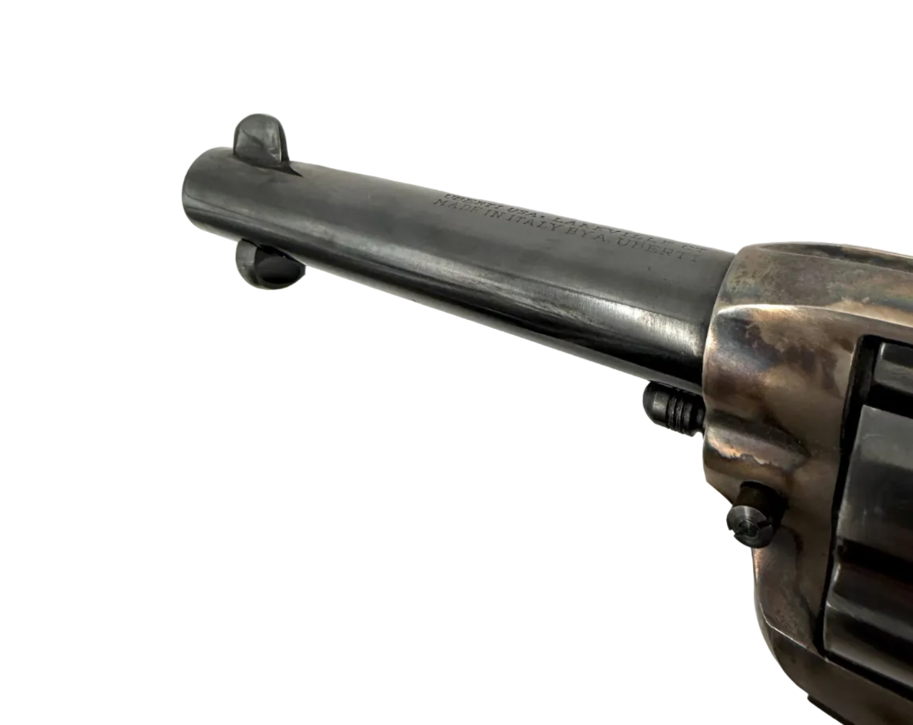 A. Uberti 1873 Cattleman .45 LC single action revolver with wooden grips and metal finish, displayed on a neutral background.