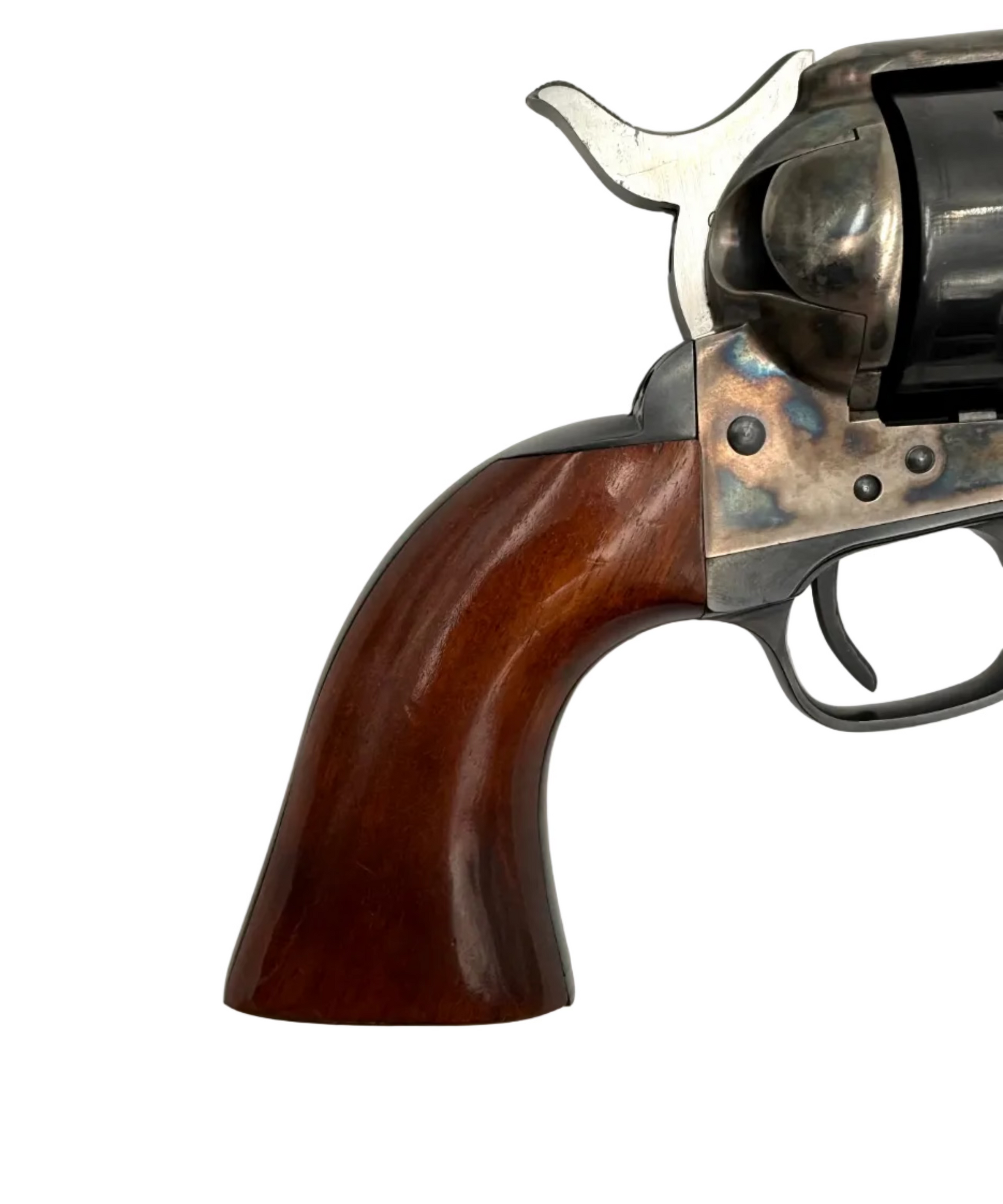 A. Uberti 1873 Cattleman .45 LC single action revolver with wooden grip and metal finish, displayed on a neutral background.