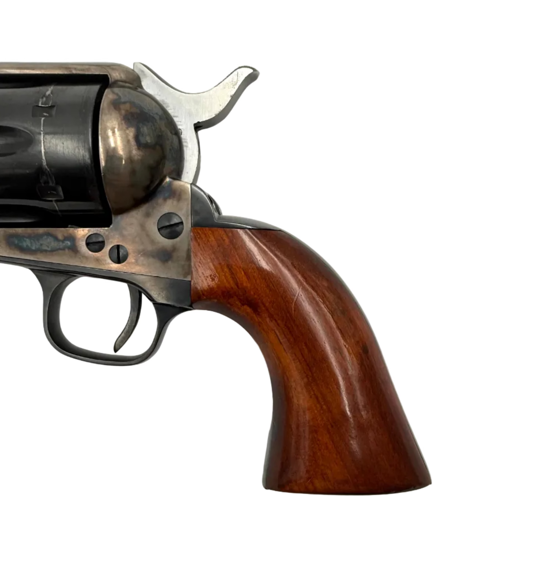 A. Uberti 1873 Cattleman .45 LC single action revolver with wooden grip and metal barrel, shown from a side angle.