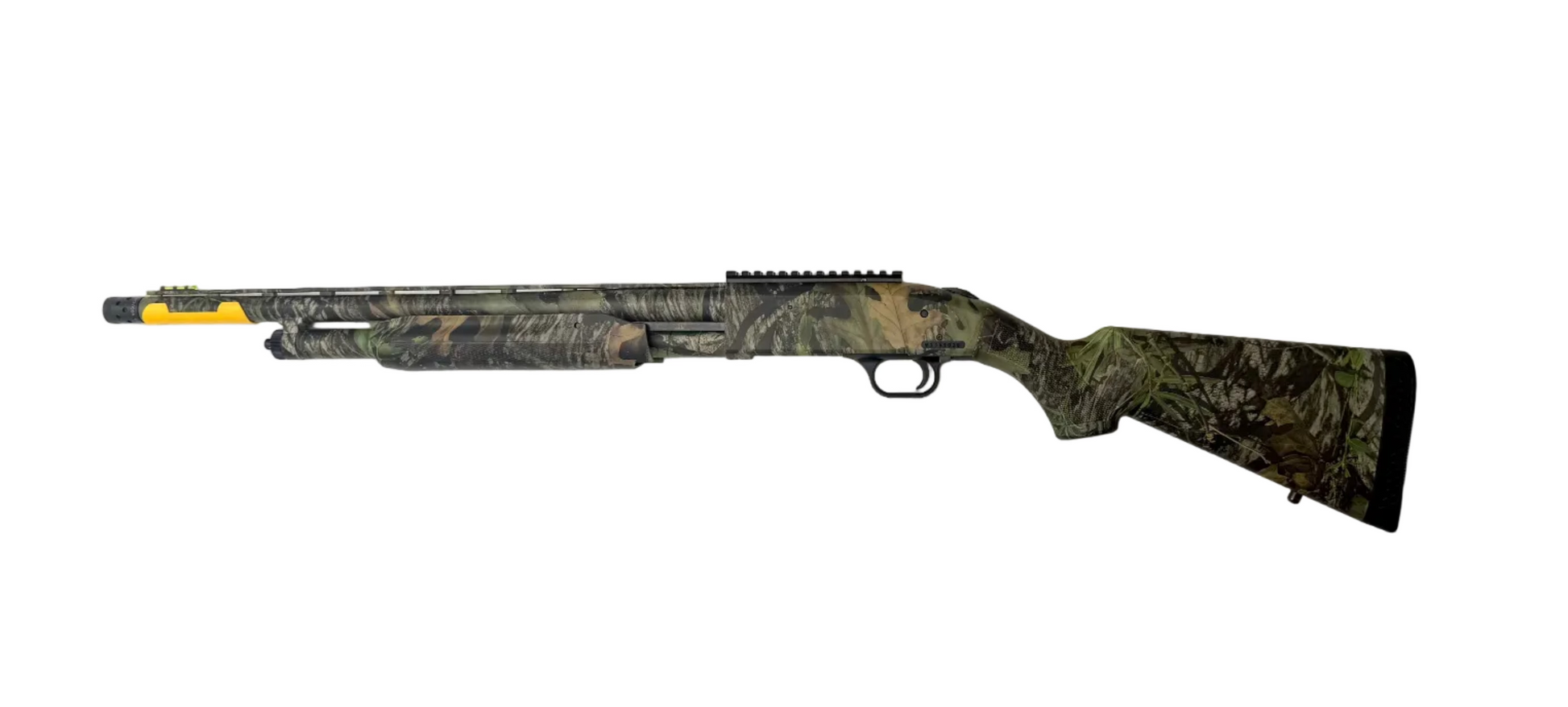 Mossberg 500 Turkey 12 gauge pump-action shotgun with Mossy Oak Obsession camouflage finish, featuring a tactical stock and barrel.